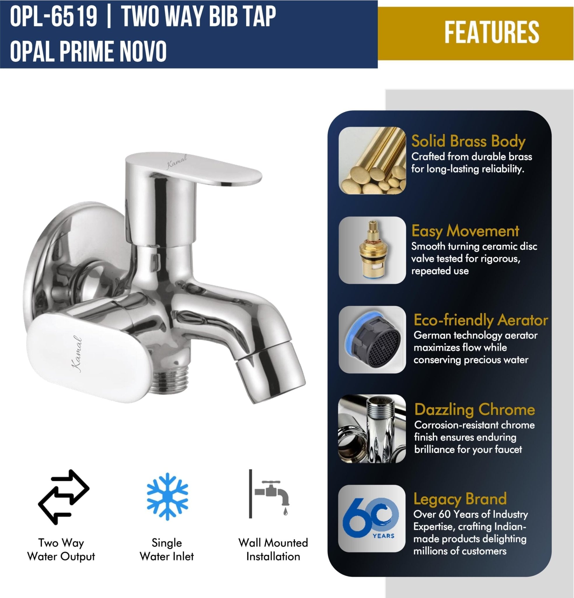 Opal Prime Novo Two Way Bib Tap (Full Brass) - by Kamal - Opal Prime Novo - Kamal Bathware