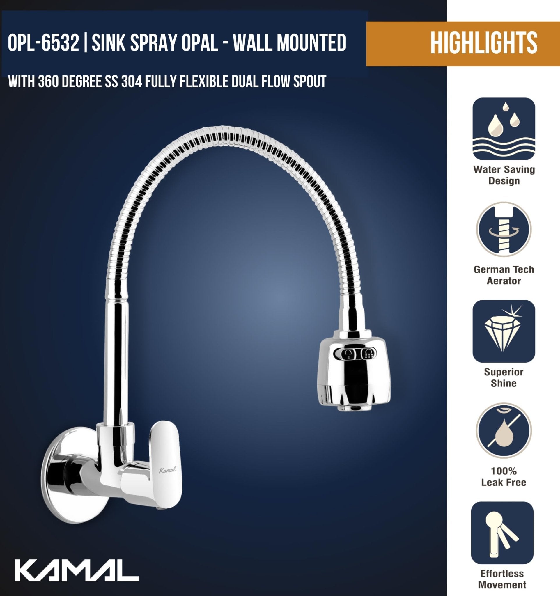 Opal Sink Spray Tap (Brass & SS Steel) - by Kamal - Kamal Bathware