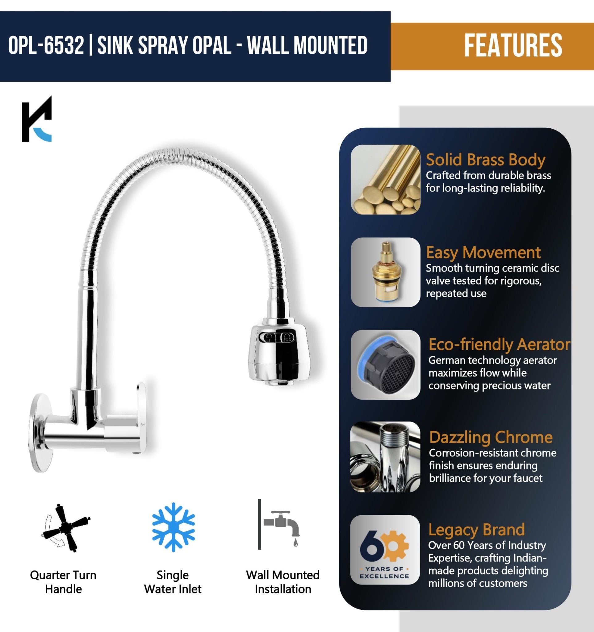 Opal Sink Spray Tap (Brass & SS Steel) - by Kamal - Kamal Bathware