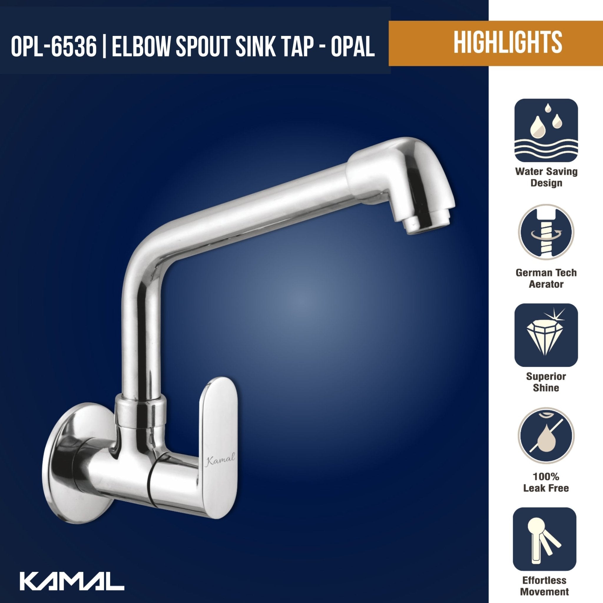 Opal Sink Tap Elbow Spout (Full Brass) - by Kamal - Opal - Kamal Bathware