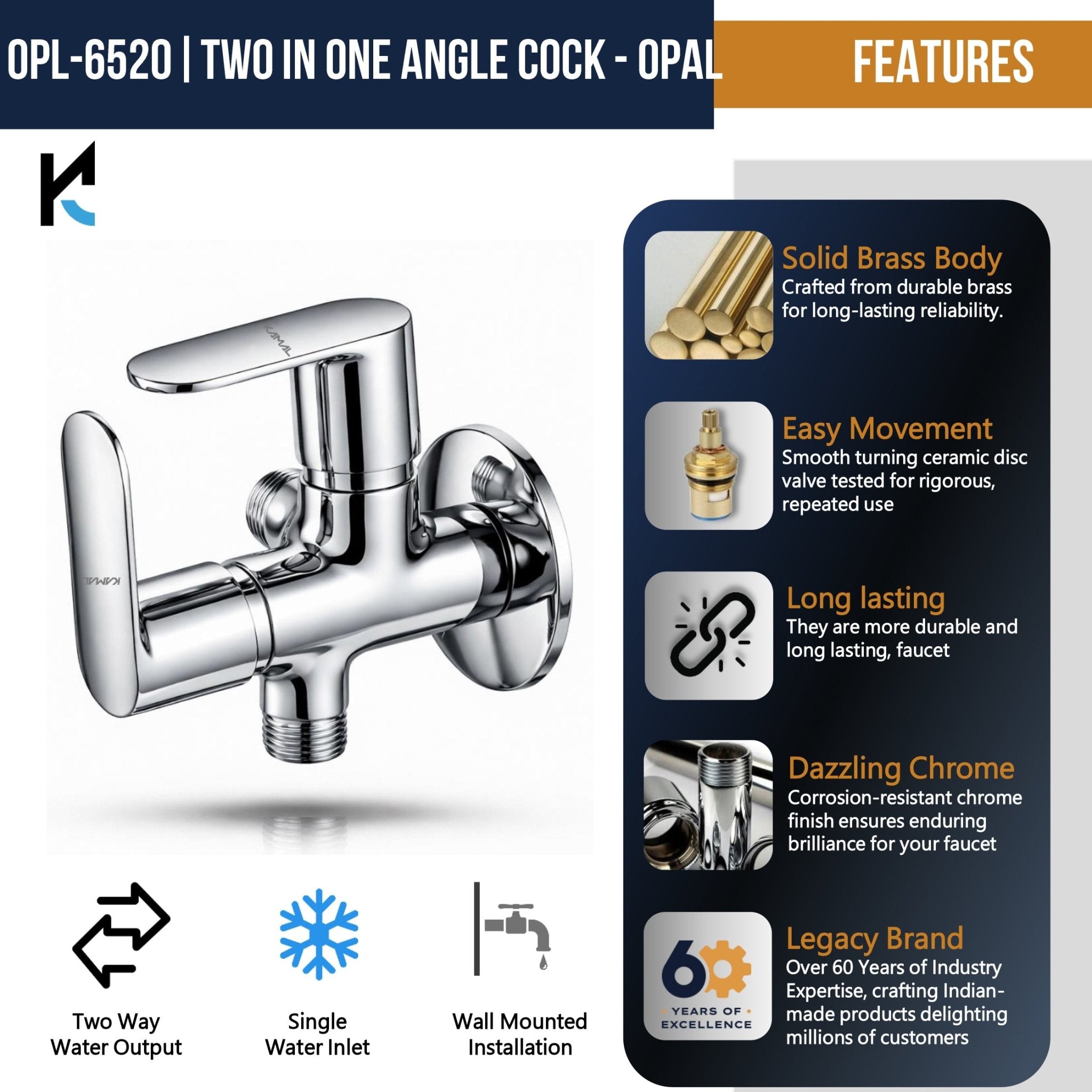 Opal Two in One Angle Valve (Full Brass) - by Kamal - Opal - Kamal Bathware