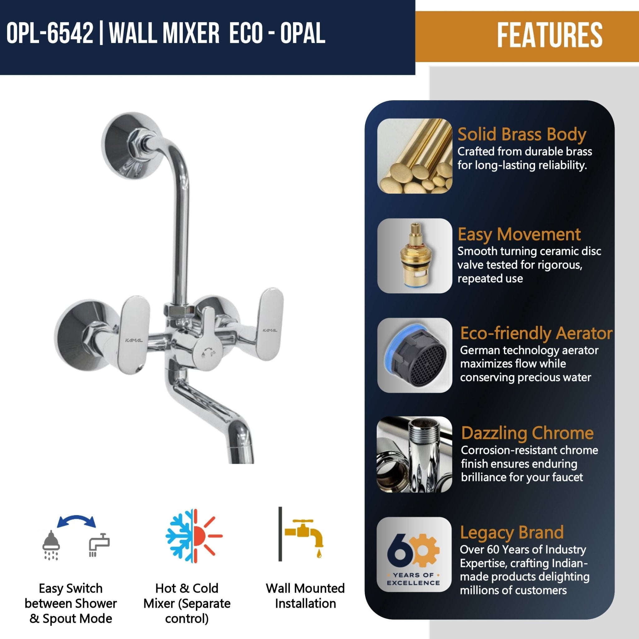 Opal Wall Mixer with L Bend Pipe (Full Brass) - by Kamal - Opal - Kamal Bathware