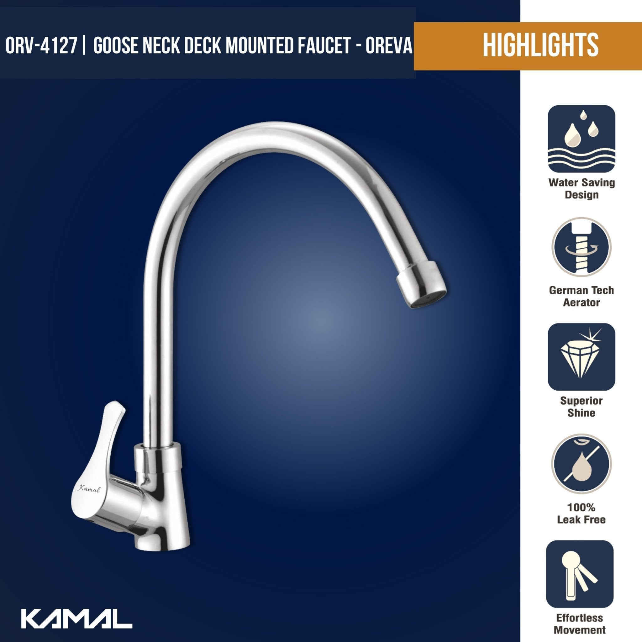 Oreva C - Bend Spout Gosseneck Sink Faucet (Full Brass) - by Kamal - Oreva - Kamal Bathware