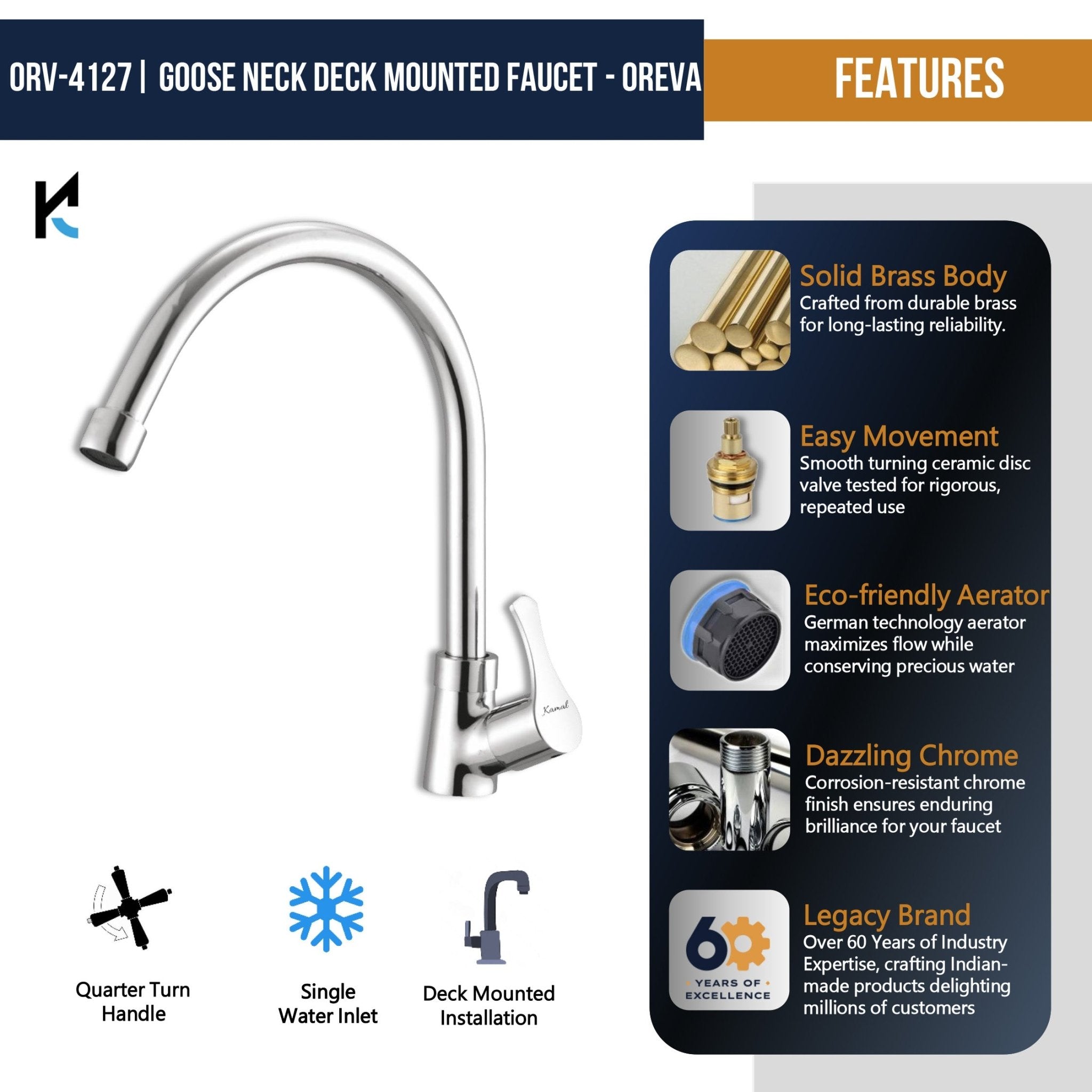 Oreva C - Bend Spout Gosseneck Sink Faucet (Full Brass) - by Kamal - Oreva - Kamal Bathware