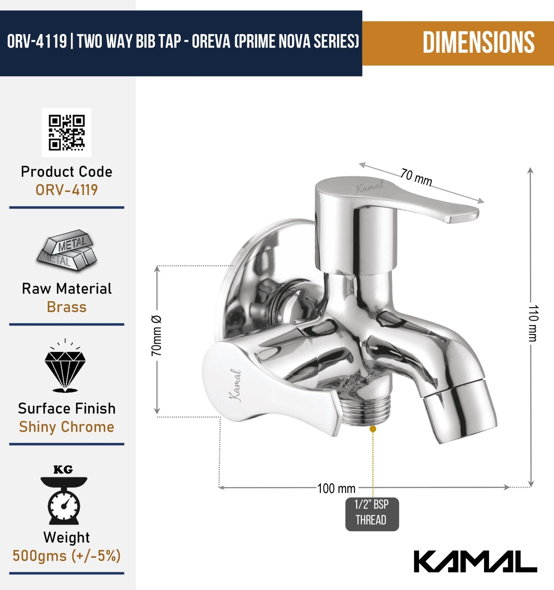 Oreva Prime Nova Series Two Way Bib Tap (Full Brass) - by Kamal - Oreva Prime Nova - Kamal Bathware