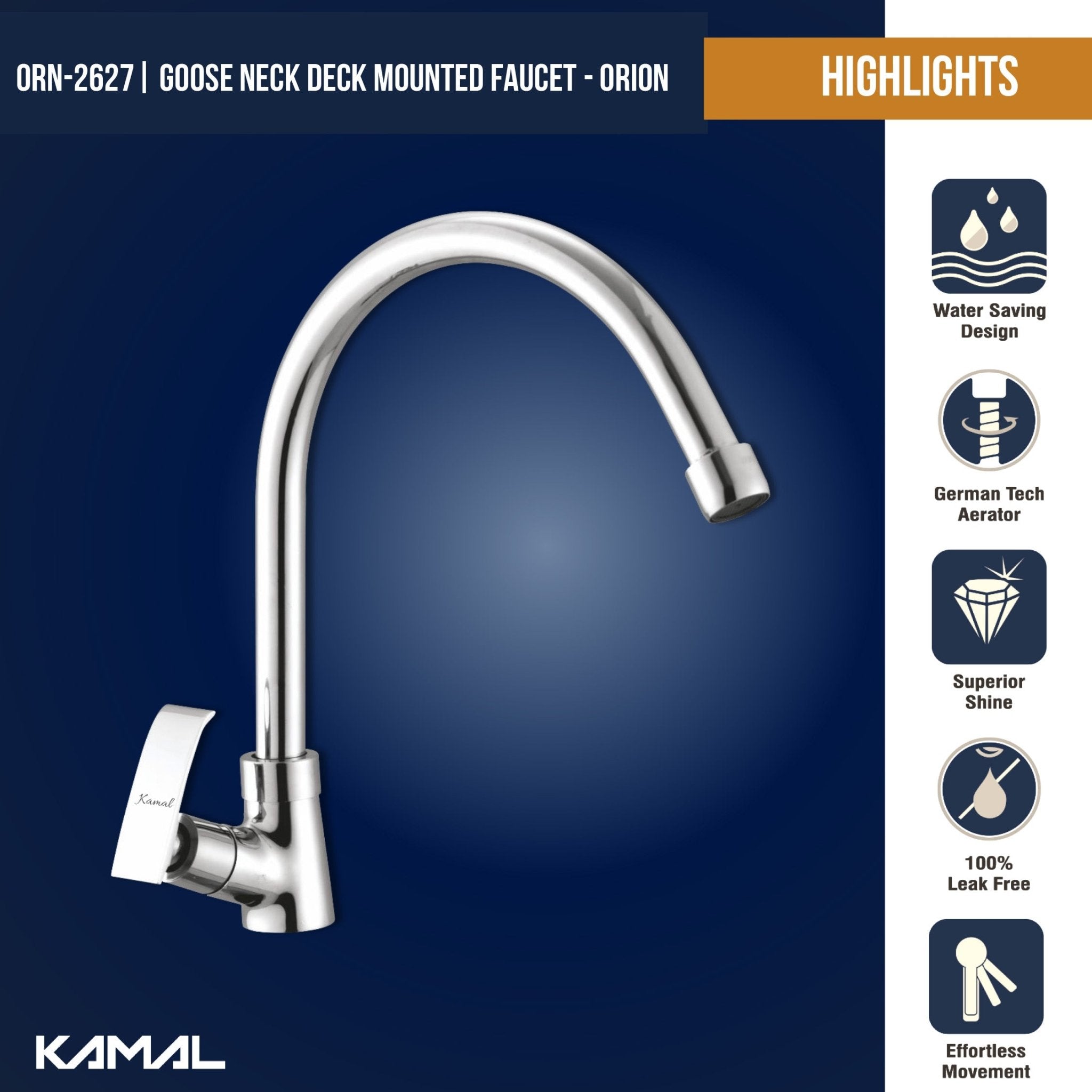 Orion C - Bend Spout Gosseneck Sink Faucet (Full Brass) - by Kamal - Orion - Kamal Bathware