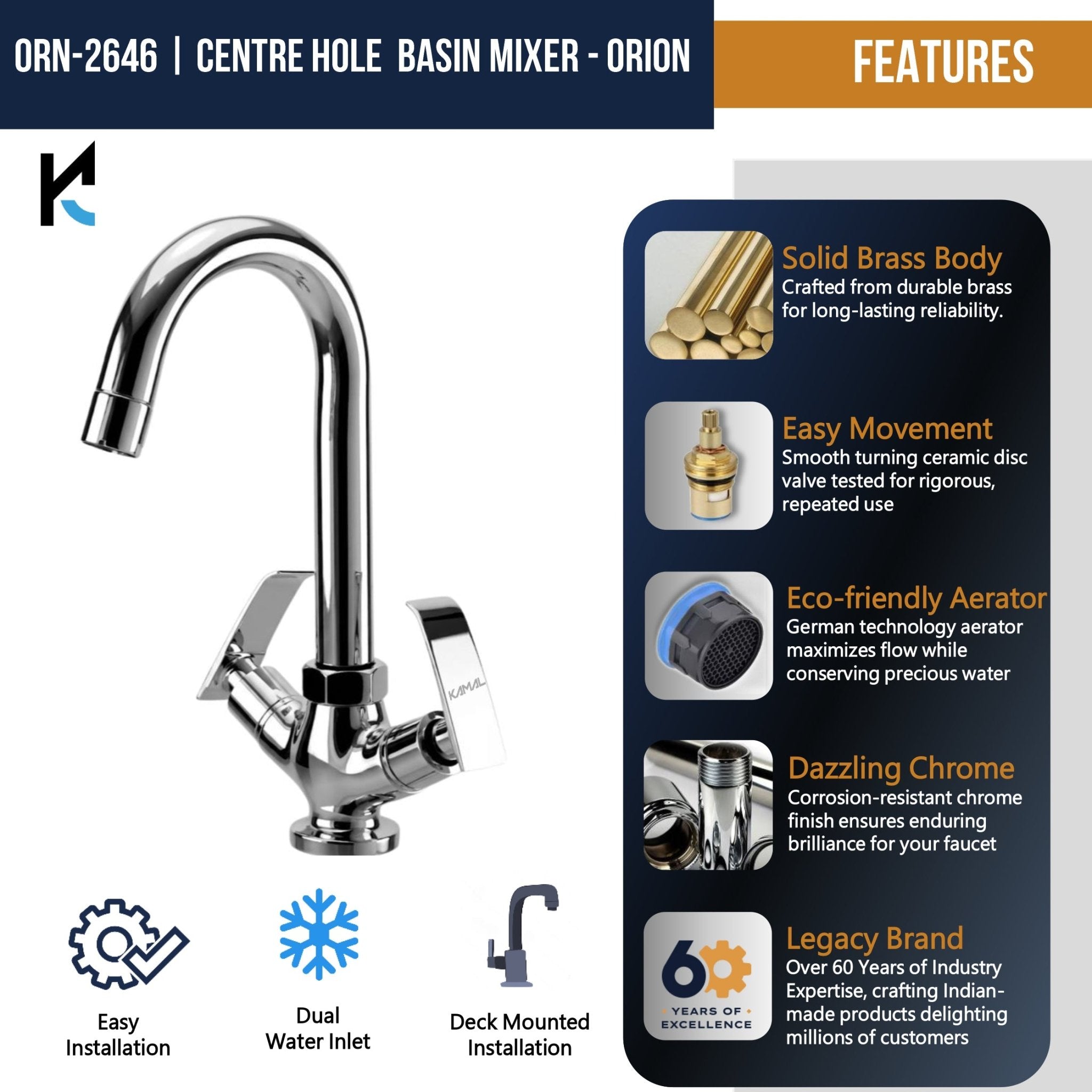 Orion Centre Hole Basin Mixer (Full Brass) - by Kamal - Orion - Kamal Bathware
