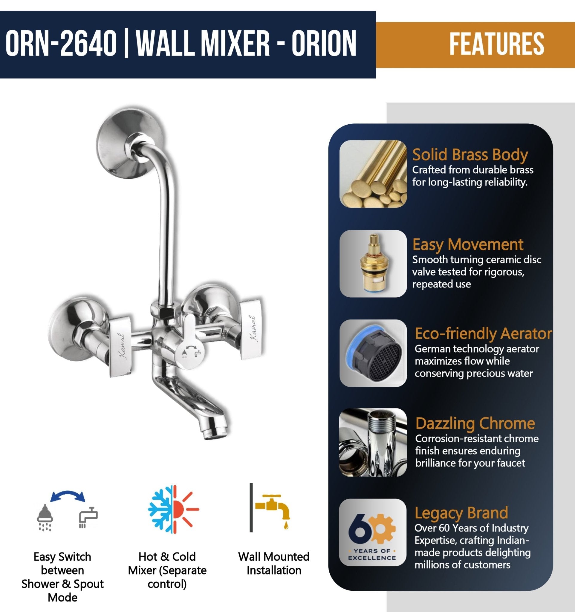 Orion Eco Wall Mixer Tap with Long L Bend Pipe (Full Brass) - by Kamal - Kamal Bathware