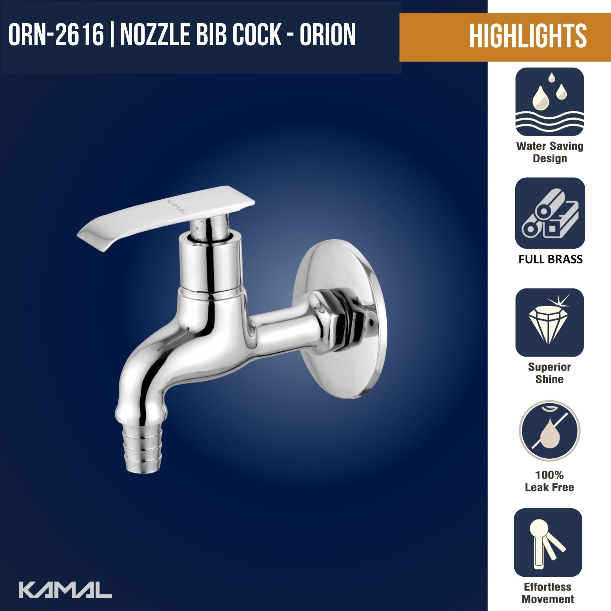 Orion Nozzle Bib Tap with Wall Flange (Full Brass) - by Kamal - Orion - Kamal Bathware