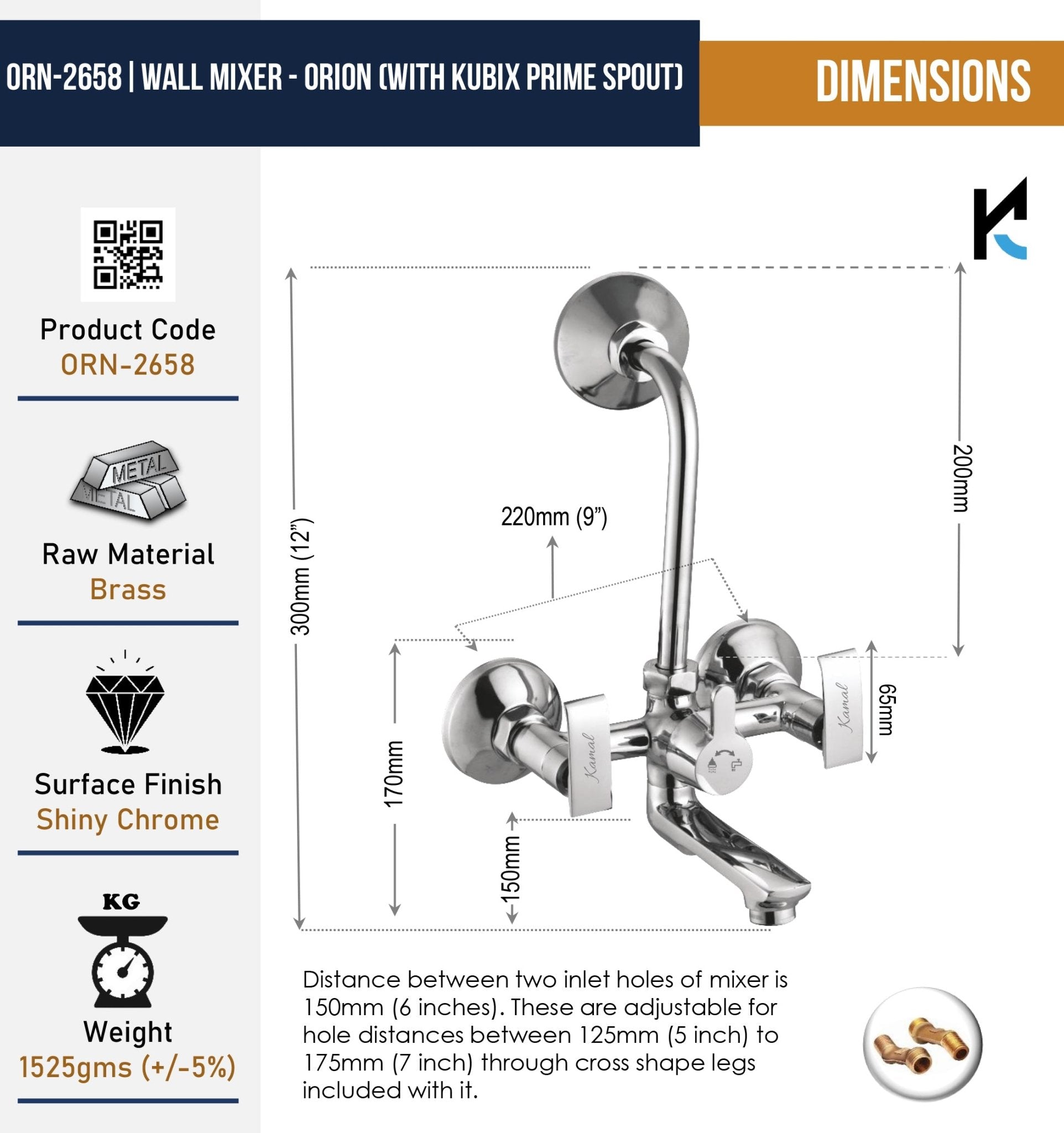 Orion Wall Mixer Kubix Prime Spout Long L Bend Pipe (Full Brass) - by Kamal - Orion - Kamal Bathware