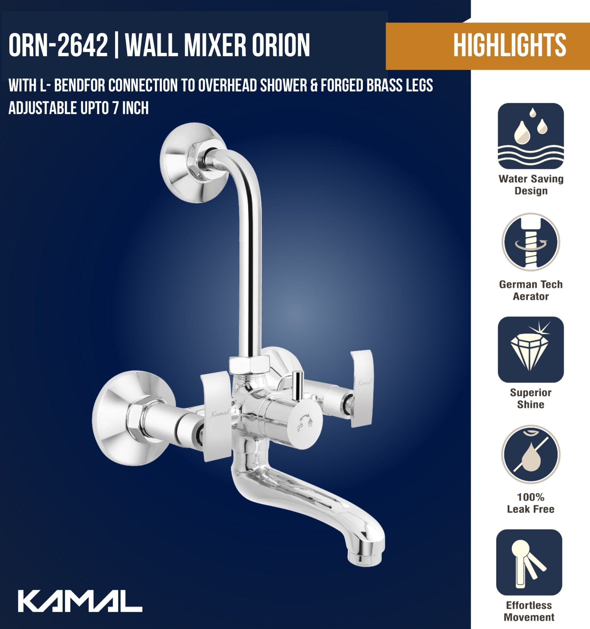 Orion Wall Mixer with L-Bend Pipe (Full Brass) - by Kamal - Kamal Bathware