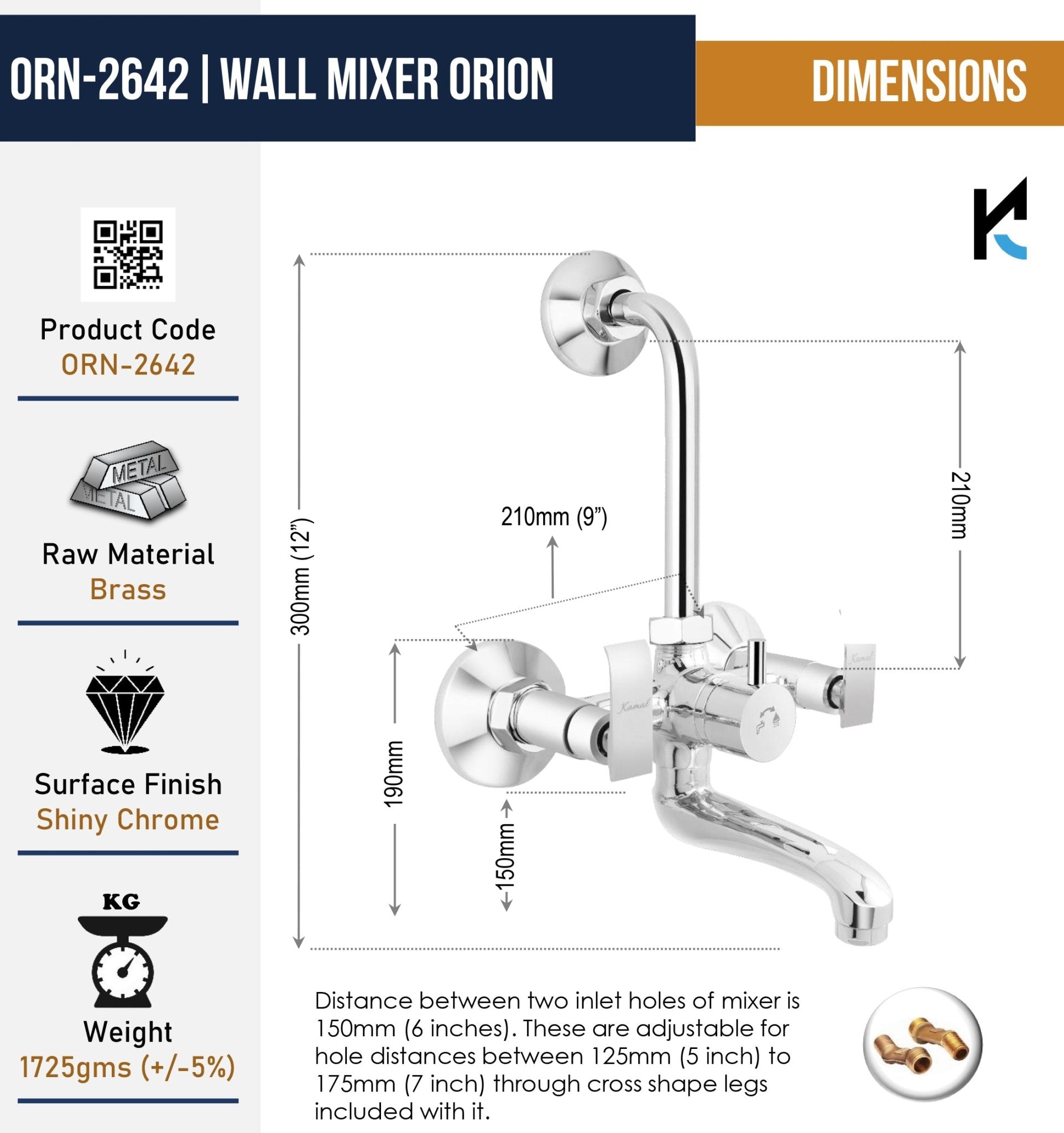 Orion Wall Mixer with L-Bend Pipe (Full Brass) - by Kamal - Kamal Bathware