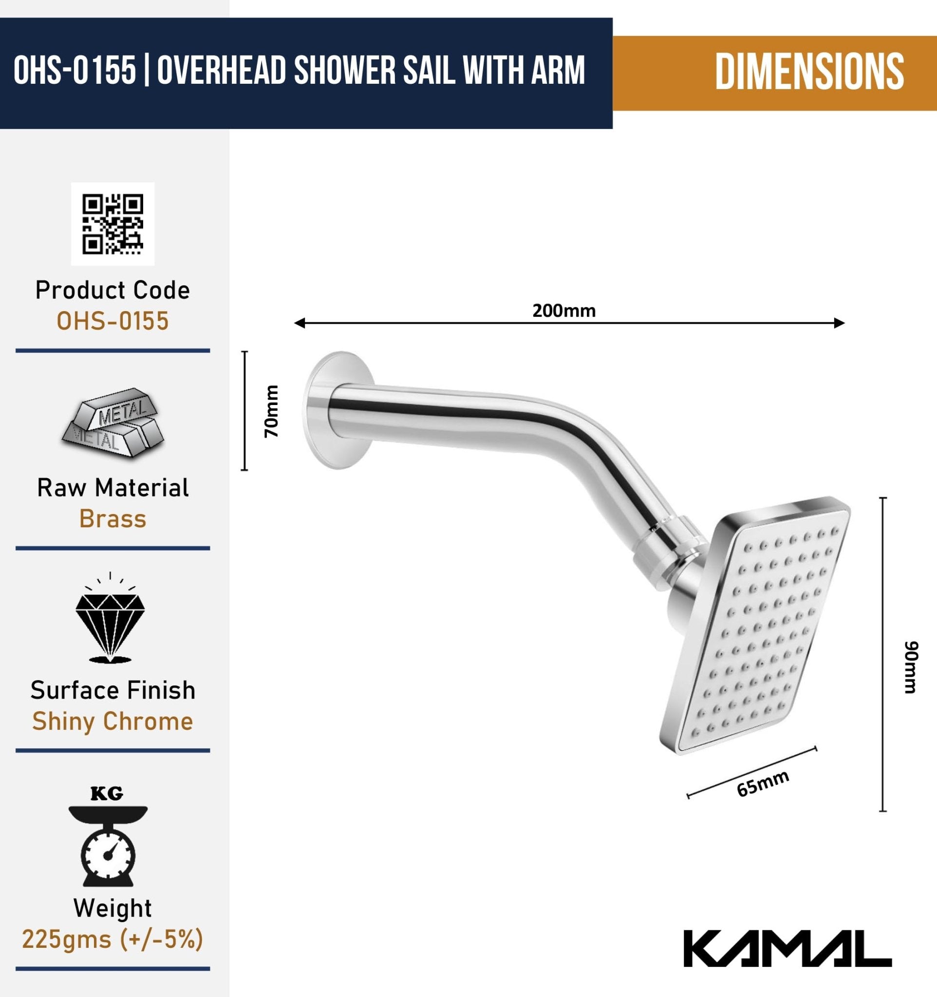 Overhead Sail Shower with 8 Inch Shower Arm - Kamal Bathware