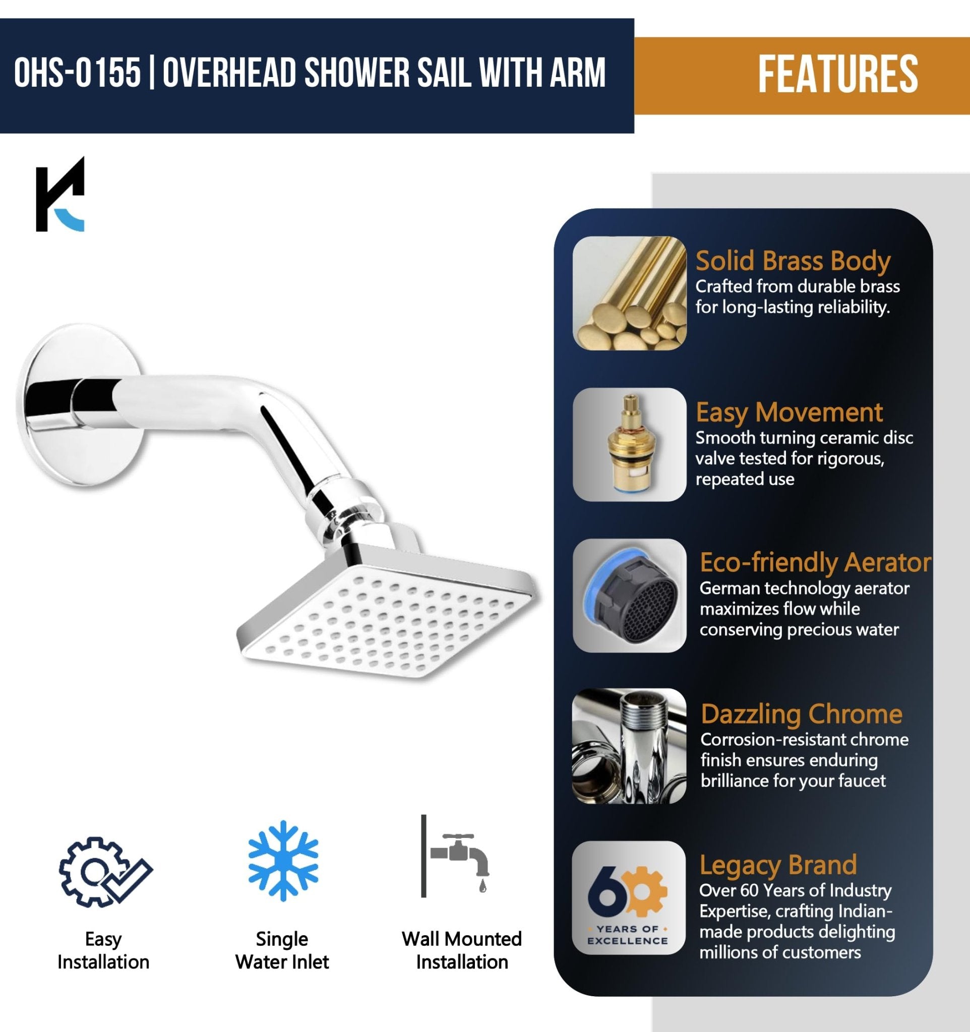 Overhead Sail Shower with 8 Inch Shower Arm - Kamal Bathware