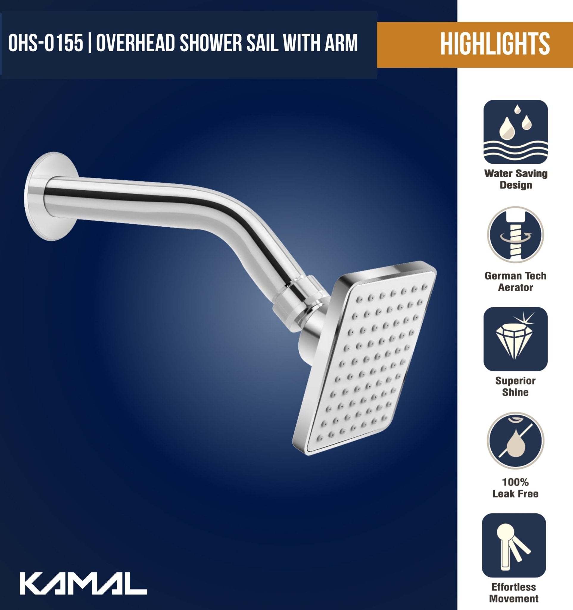Overhead Sail Shower with 8 Inch Shower Arm - Sail - Kamal Bathware