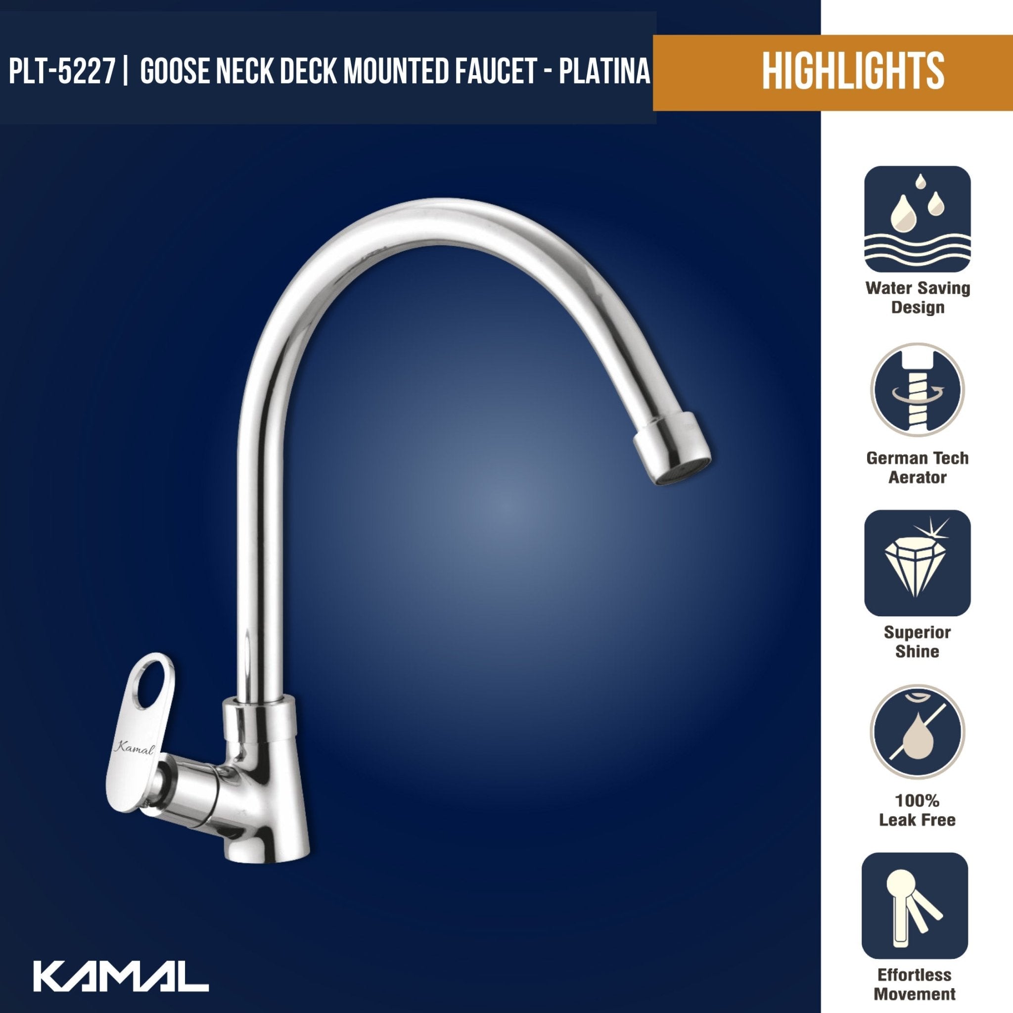 Platina C - Bend Spout Gosseneck Sink Faucet (Full Brass) - by Kamal - Platina - Kamal Bathware