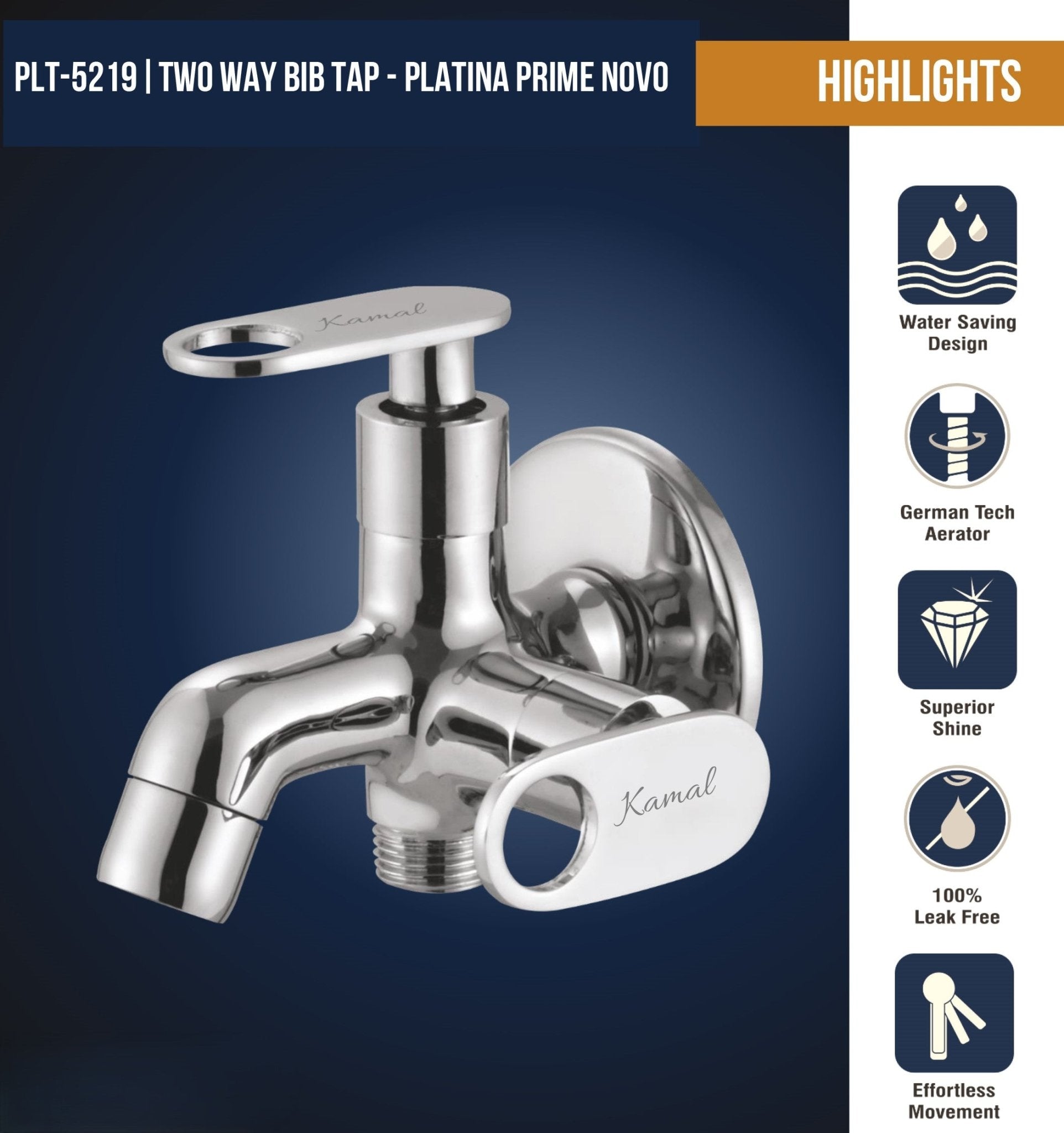 Platina Prime Novo Two Way Bib Tap (Full Brass) - by Kamal - Platina Prime Novo - Kamal Bathware