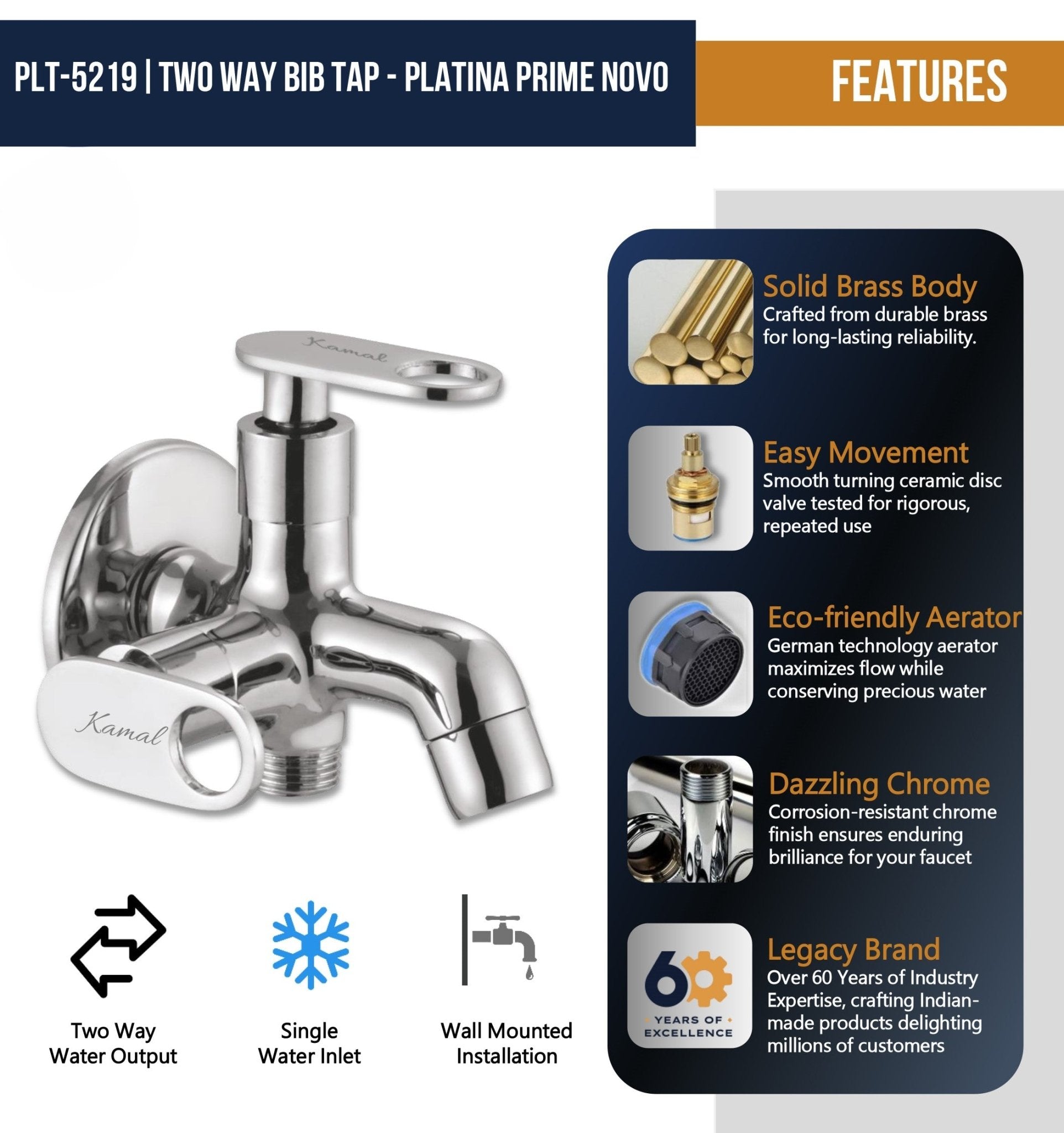Platina Prime Novo Two Way Bib Tap (Full Brass) - by Kamal - Platina Prime Novo - Kamal Bathware