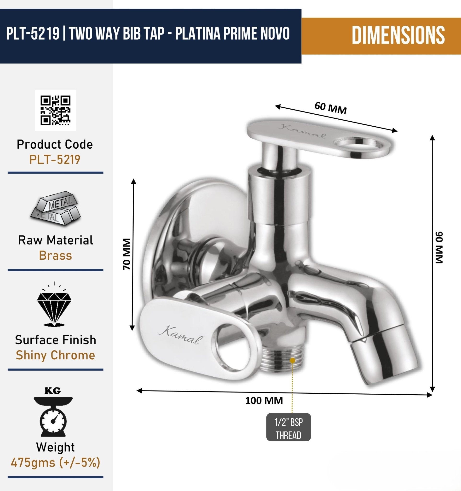Platina Prime Novo Two Way Bib Tap (Full Brass) - by Kamal - Platina Prime Novo - Kamal Bathware