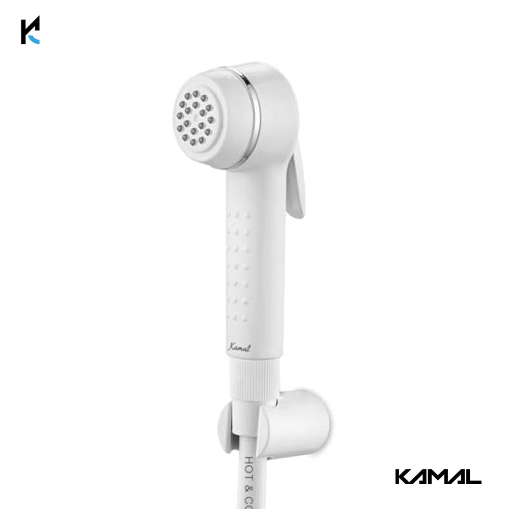 Pluto Health Faucet (ABS Plactic) Bright White with 125cm Long Ptmt Shower Hose & Wall Hook - by Kamal - Kamal Bathware