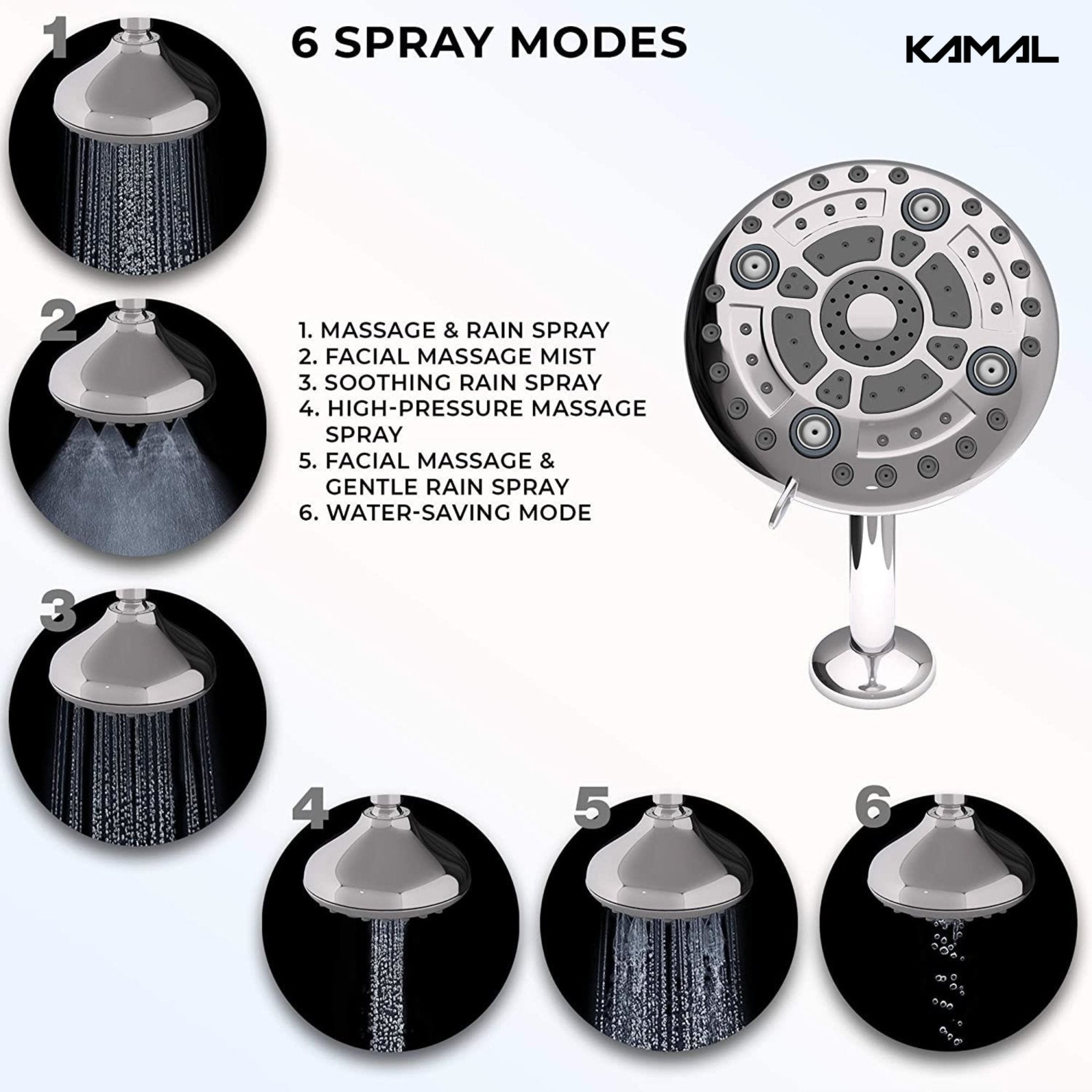 Premium Romano Overhead Shower 6 Spray Modes - by Kamal - Premium - Kamal Bathware