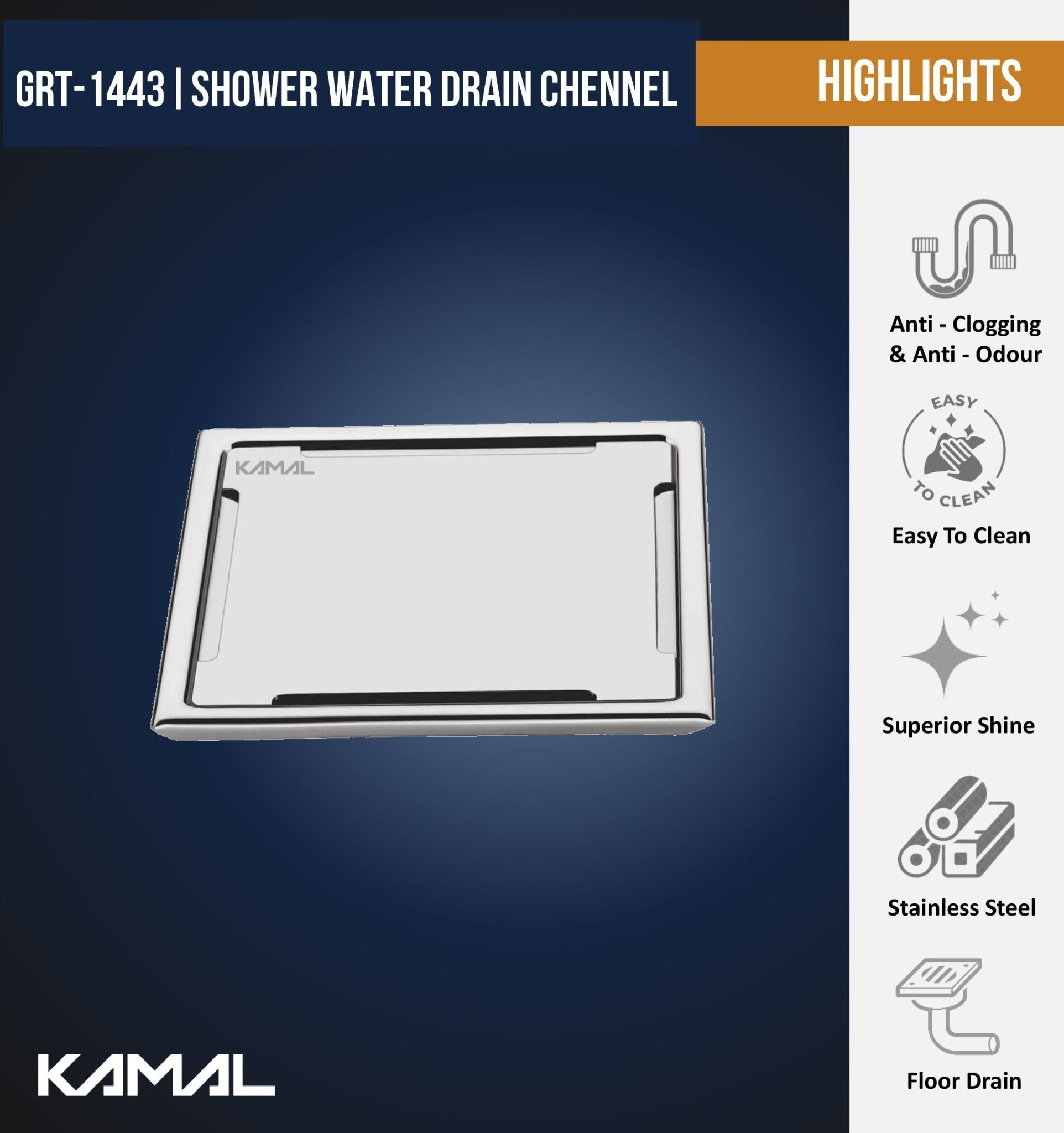 Premium Square Shower Water Drain Channel (SS 304 Grade) - by Kamal - Square - Kamal Bathware