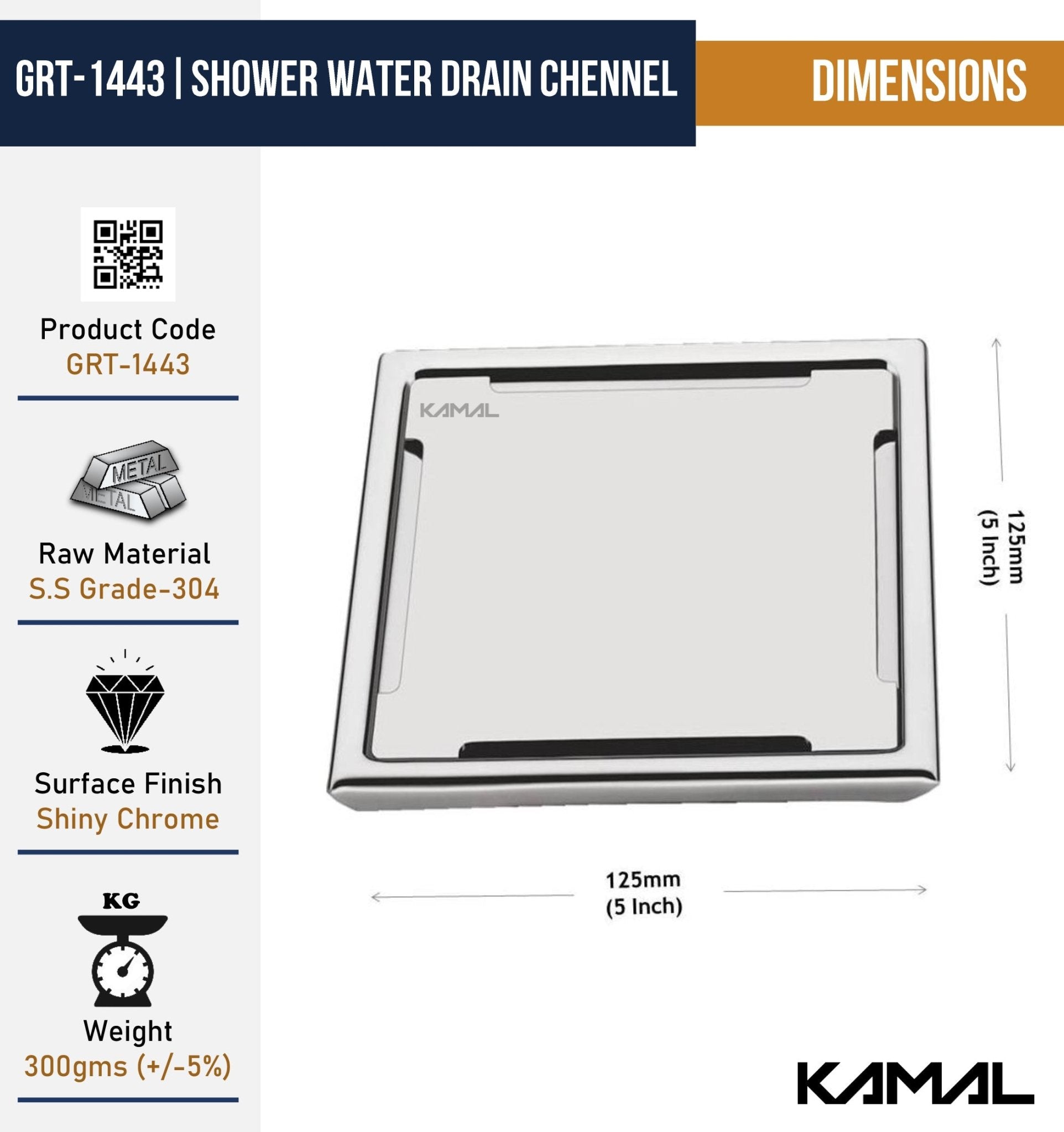 Premium Square Shower Water Drain Channel (SS 304 Grade) - by Kamal - Square - Kamal Bathware
