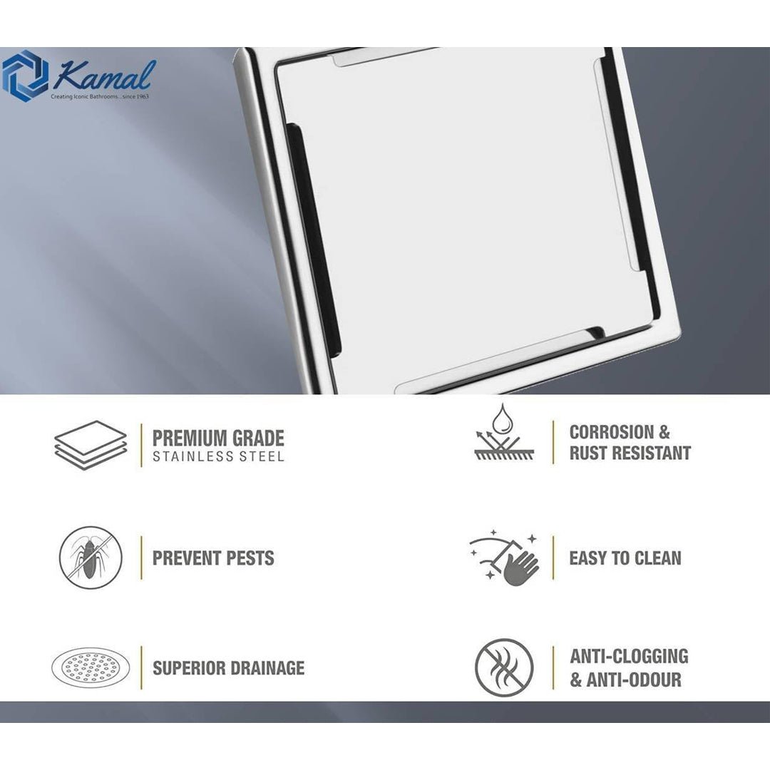 Premium Square Shower Water Drain Channel (SS 304 Grade) - by Kamal - Square - Kamal Bathware