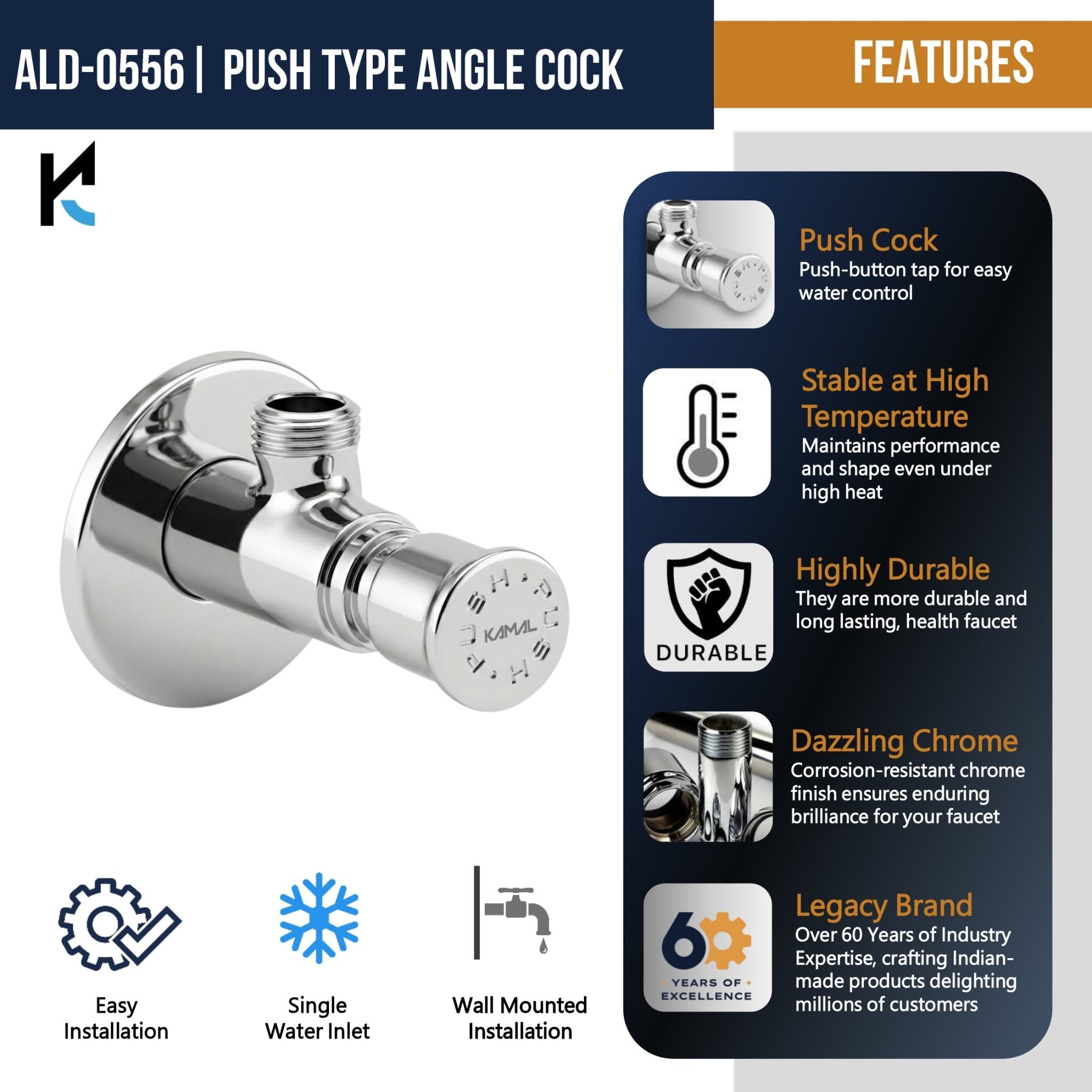Push Angle Cock (Full Brass) - by Kamal - Faucets - Kamal Bathware
