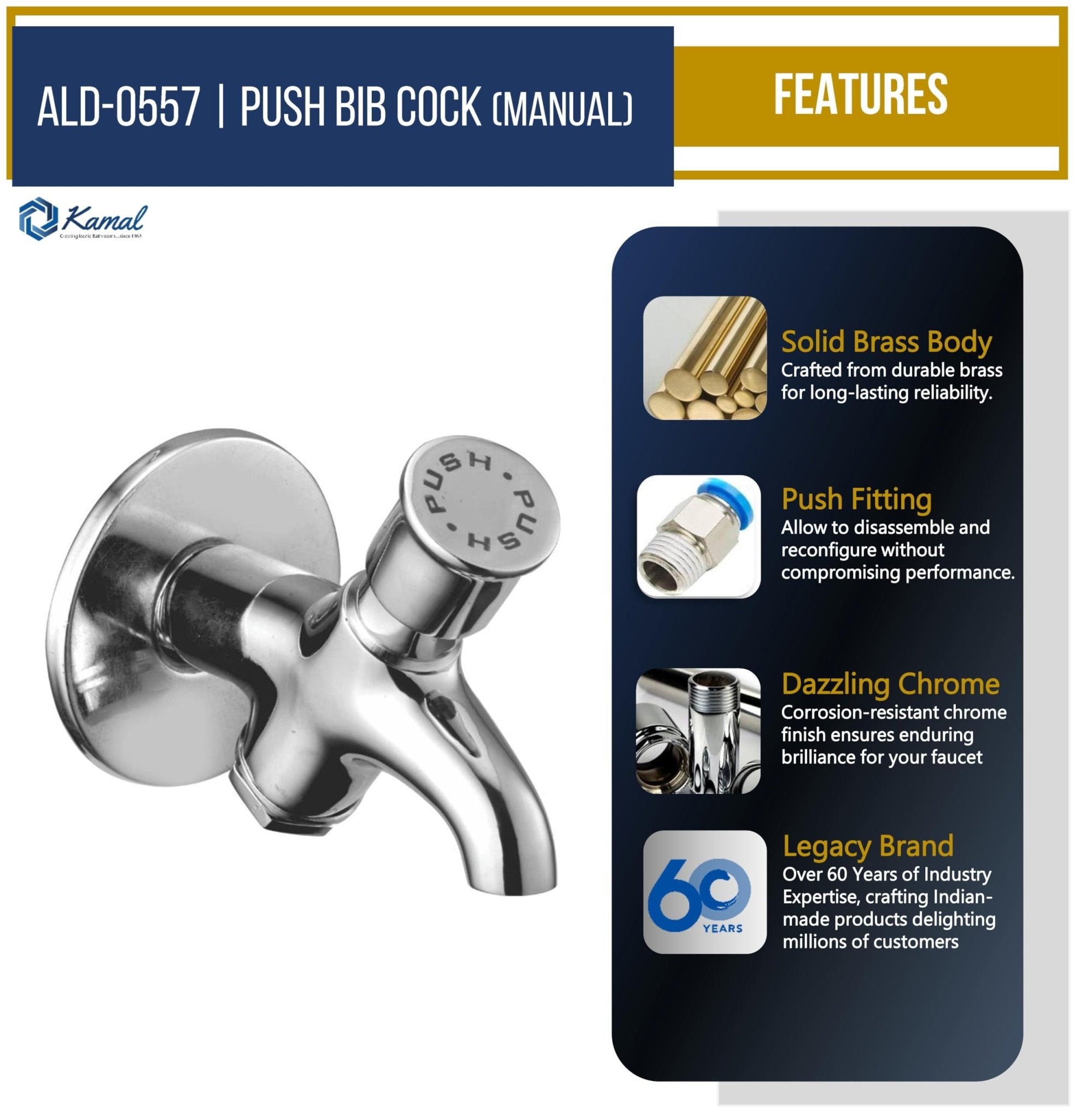 Push Bib Tap (Full Brass) - by Kamal - Kamal Bathware