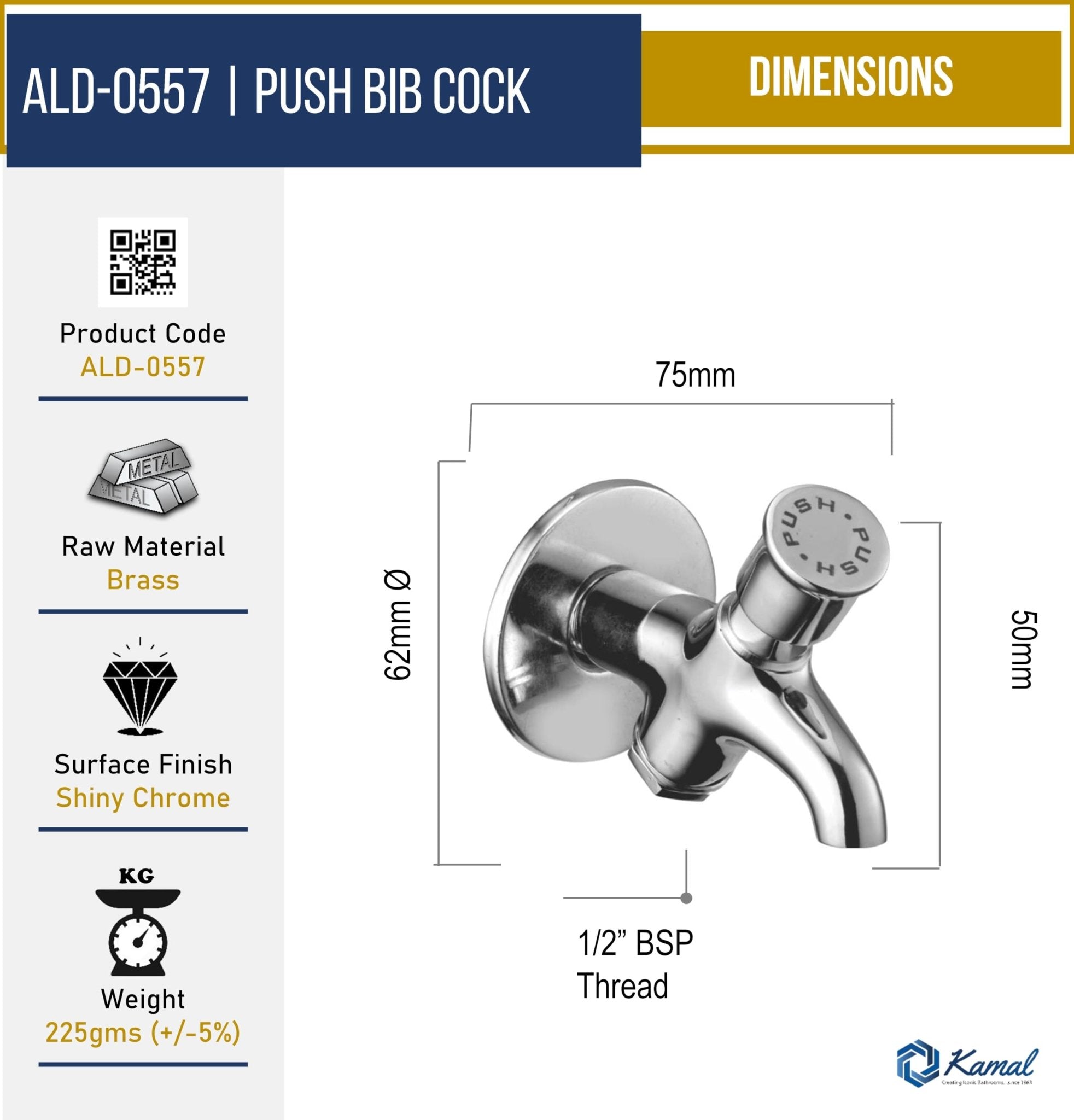 Push Bib Tap (Full Brass) - by Kamal - Kamal Bathware