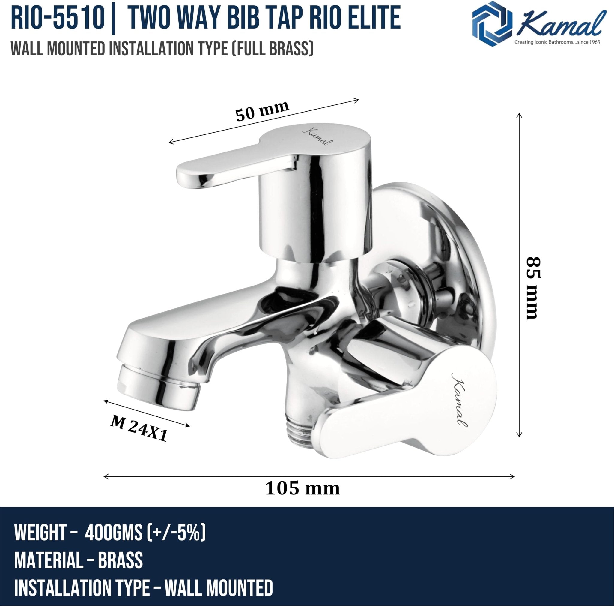 Rio Elite Two Way Bib Tap (Full Brass) - by Kamal - Rio Elite - Kamal Bathware