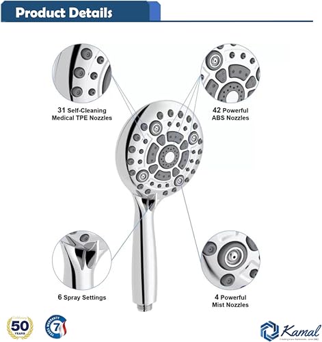 Romano Premium ABS hand Shower with ABS Tube and Wall Hook Six Different flows Shower Head - by Kamal - Romano - Kamal Bathware