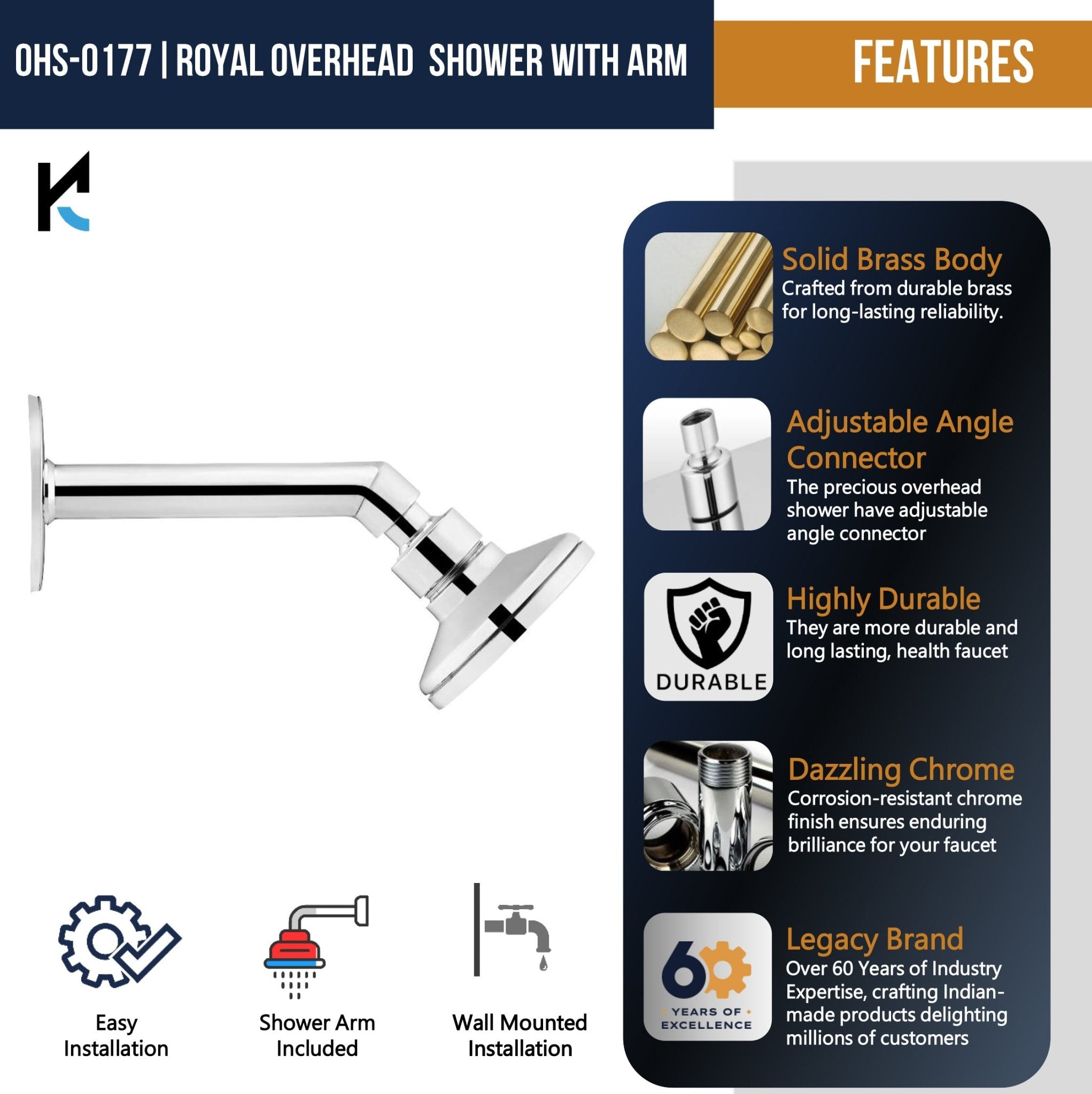 Royal Brass Overhead Shower With Arm - by Kamal - Royal - Kamal Bathware