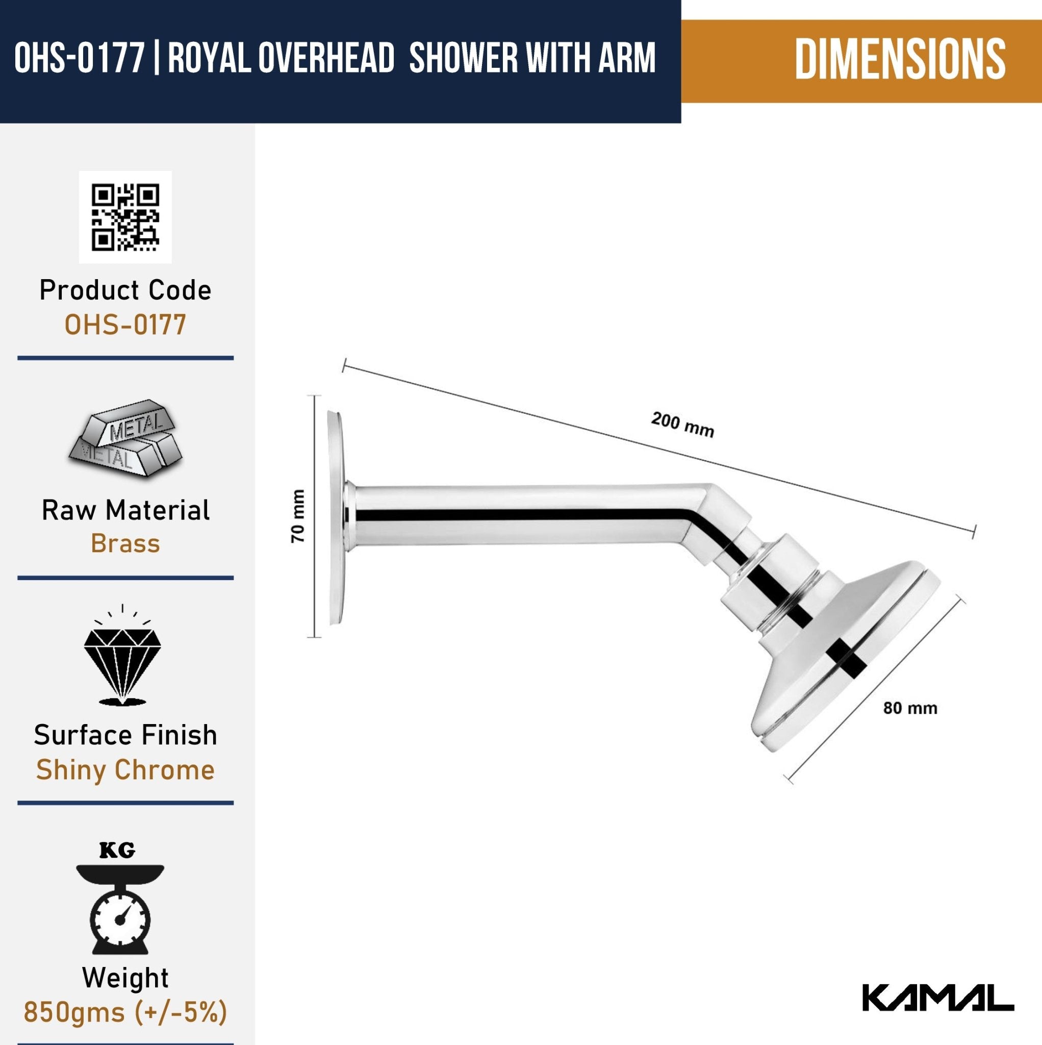 Royal Brass Overhead Shower With Arm - by Kamal - Royal - Kamal Bathware