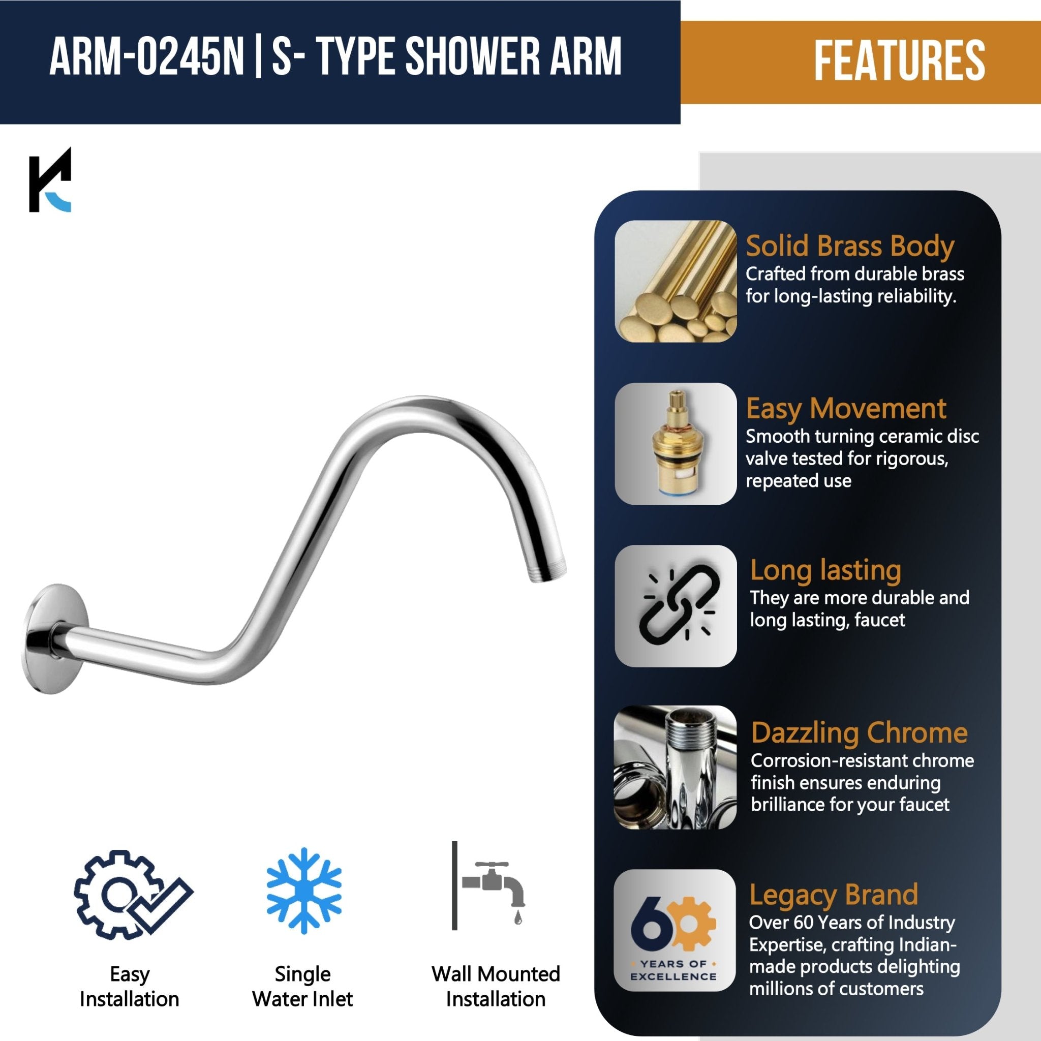S - Type Shower Arm - by Kamal - S - Type - Kamal Bathware