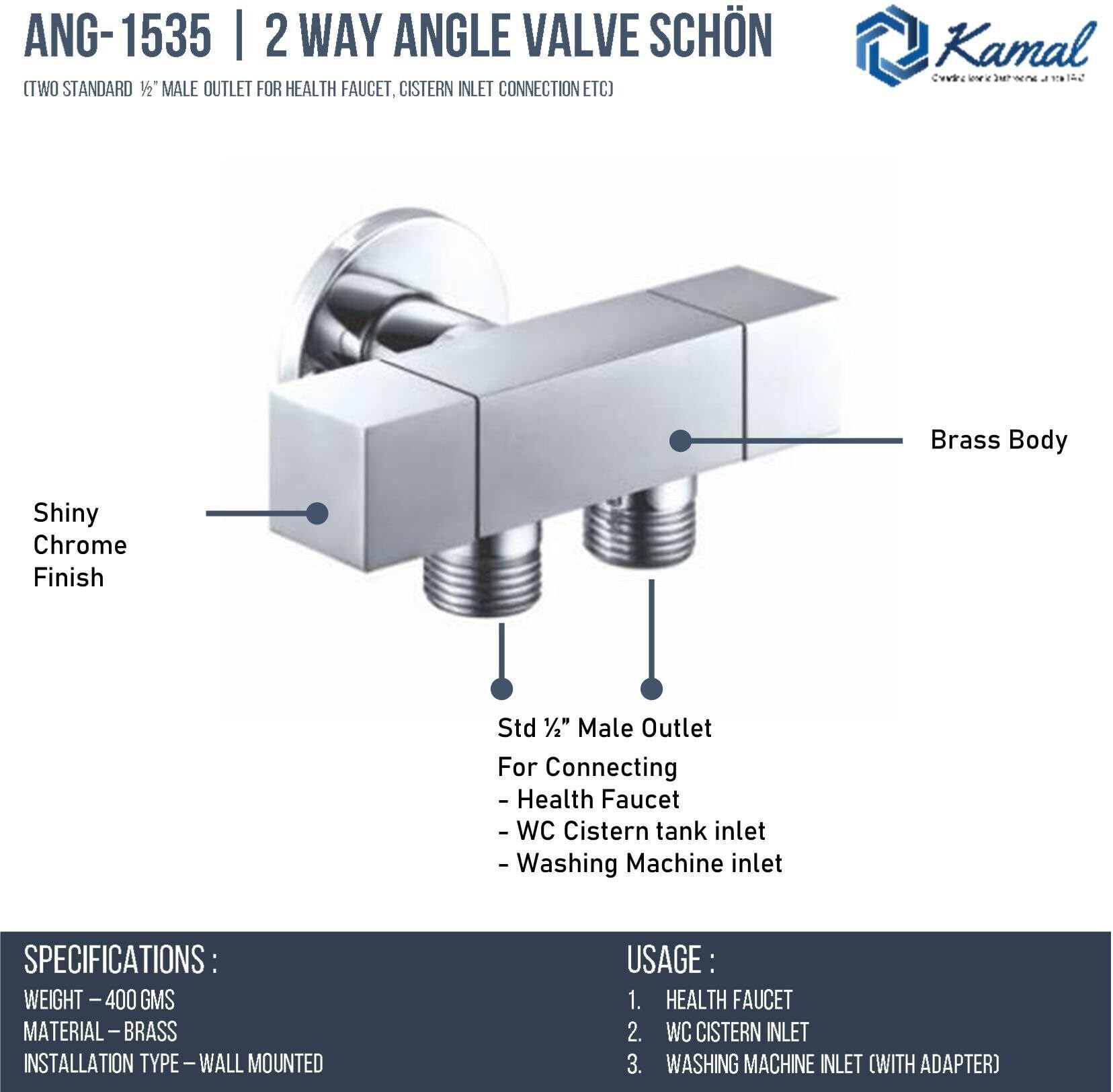 Schön Two way Angle Valve (Full Brass) - by Kamal - Kamal Bathware