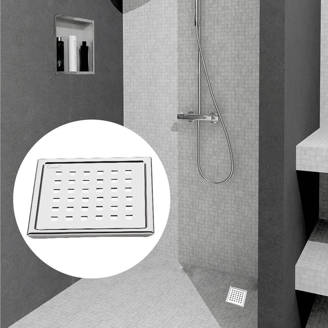 Shower Drain Channel (S.S 304 Grade) Strainer Floor Drain Jali with Collar - by Kamal - Square - Kamal Bathware