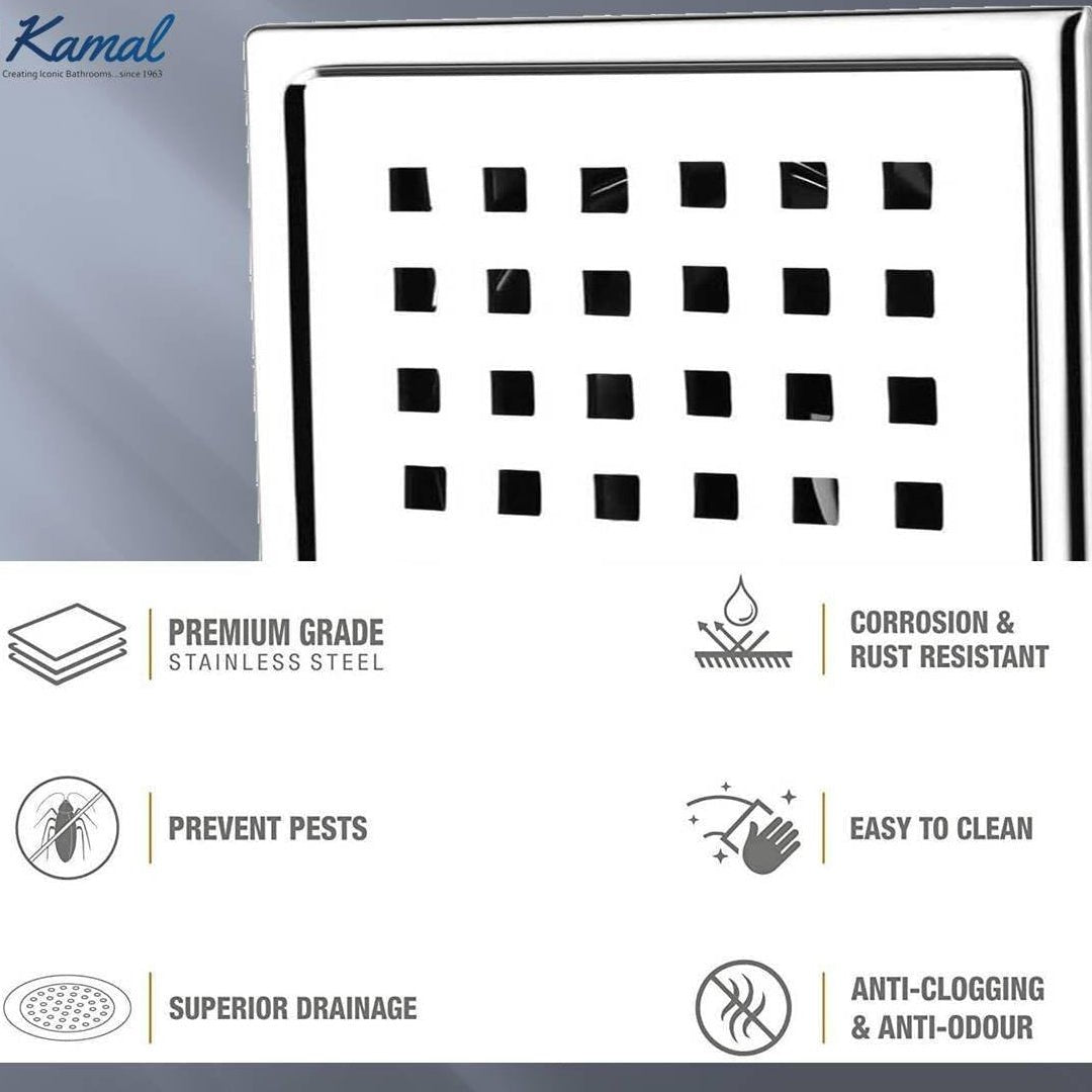 Shower Drain Channel (S.S 304 Grade) Strainer Floor Drain Jali with Collar - by Kamal - Square - Kamal Bathware