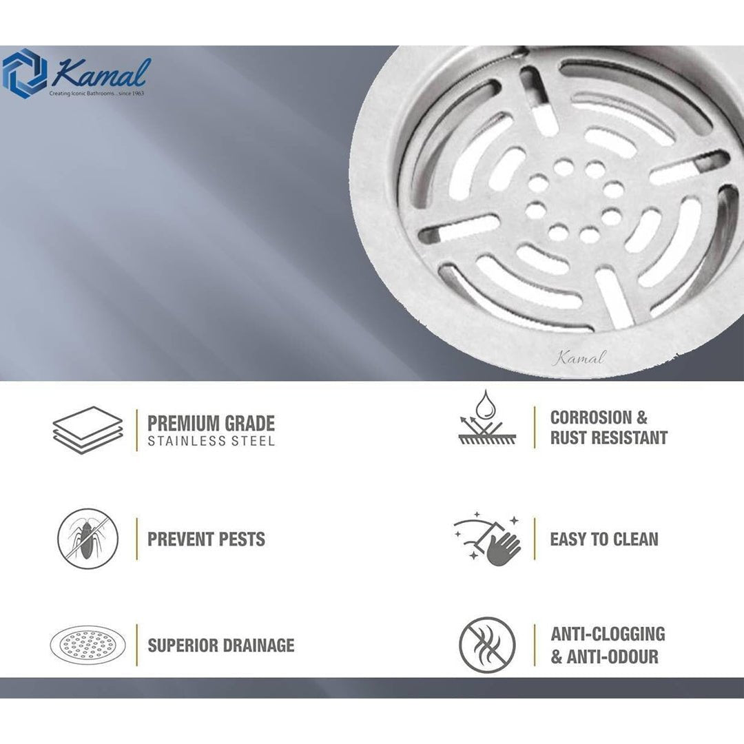 Shower Water Drain Strainer SS 304 Grade Floor Drain Jali with Collar (5 Inch) - by Kamal - Figo - Kamal Bathware