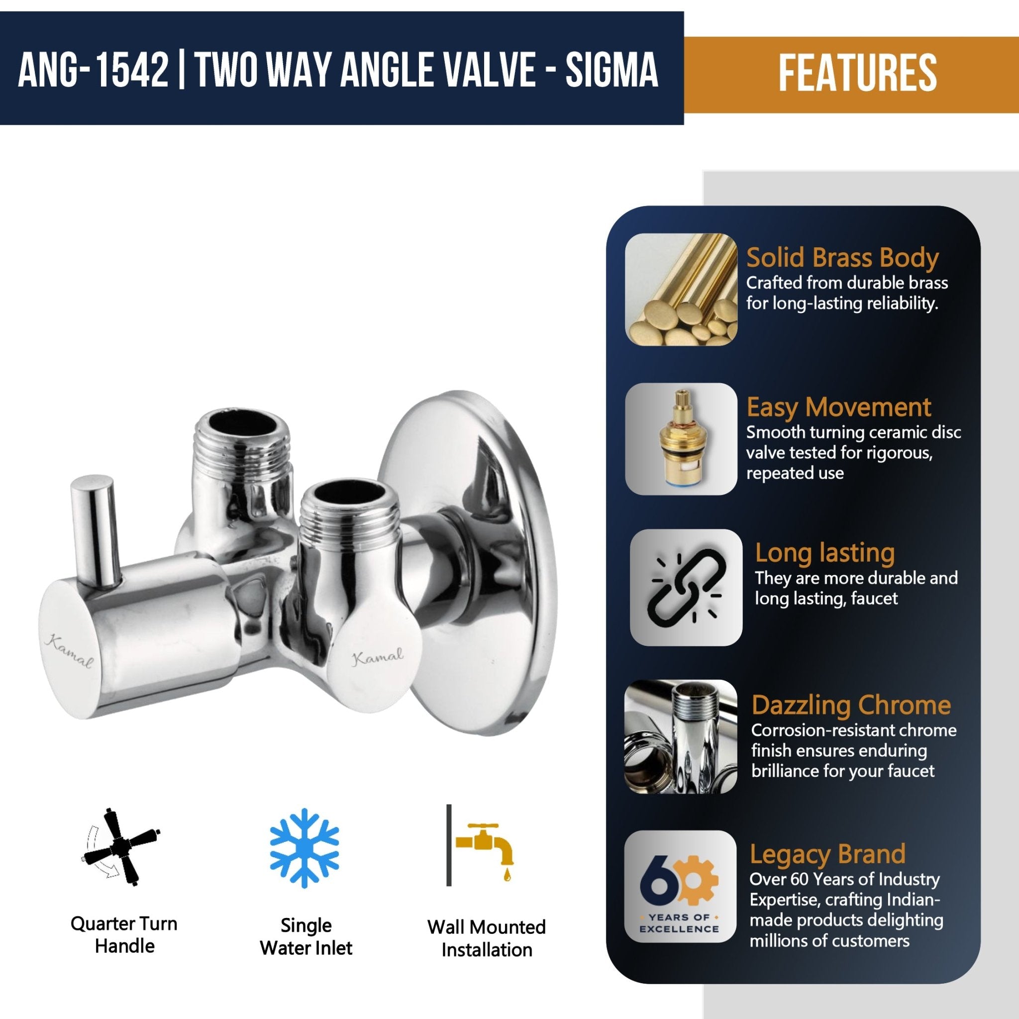 Sigma Two in One Angle Valve ( Full Brass ) - by Kamal - Sigma - Kamal Bathware