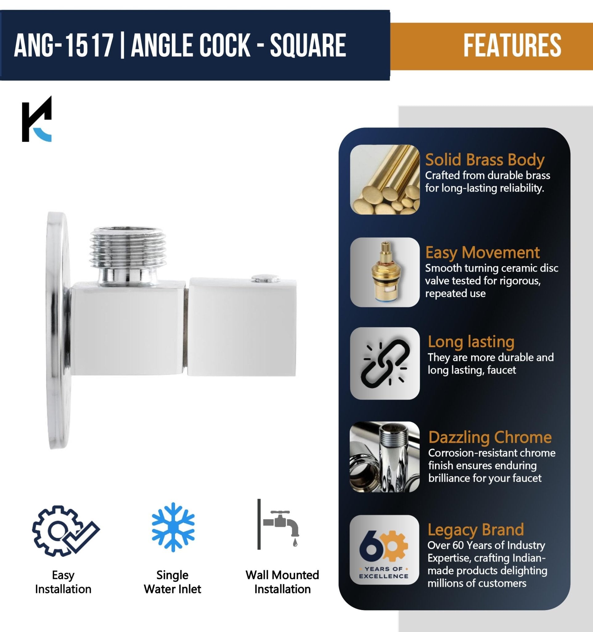 Square Angle Valve (Full Brass) - by Kamal - Kamal Bathware