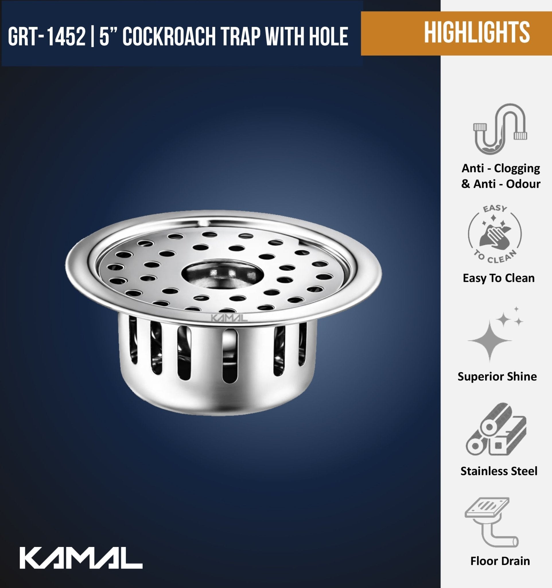 Stainless Steel Cockroach Trap with 5 Inch Hole - by Kamal - Drainer - Kamal Bathware