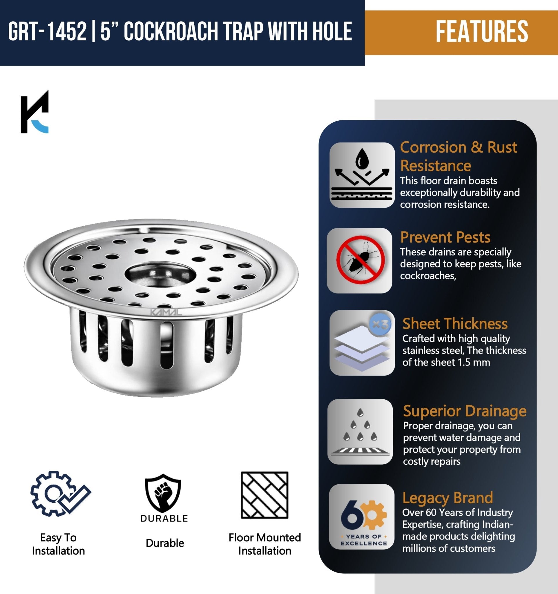 Stainless Steel Cockroach Trap with 5 Inch Hole - by Kamal - Drainer - Kamal Bathware
