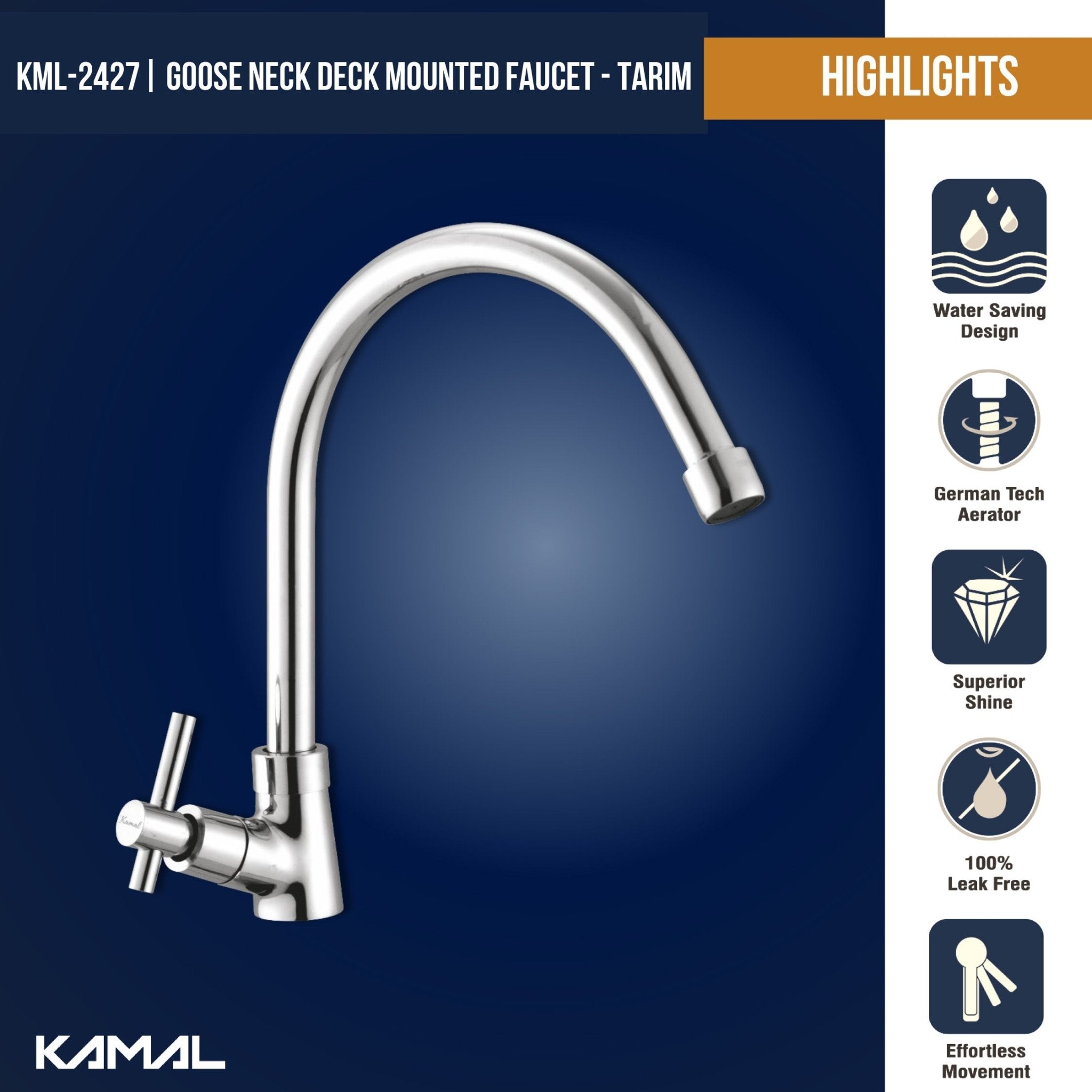 Tarim C - Bend Spout Gosseneck Sink Faucet (Full Brass) - by Kamal - Tarim - Kamal Bathware
