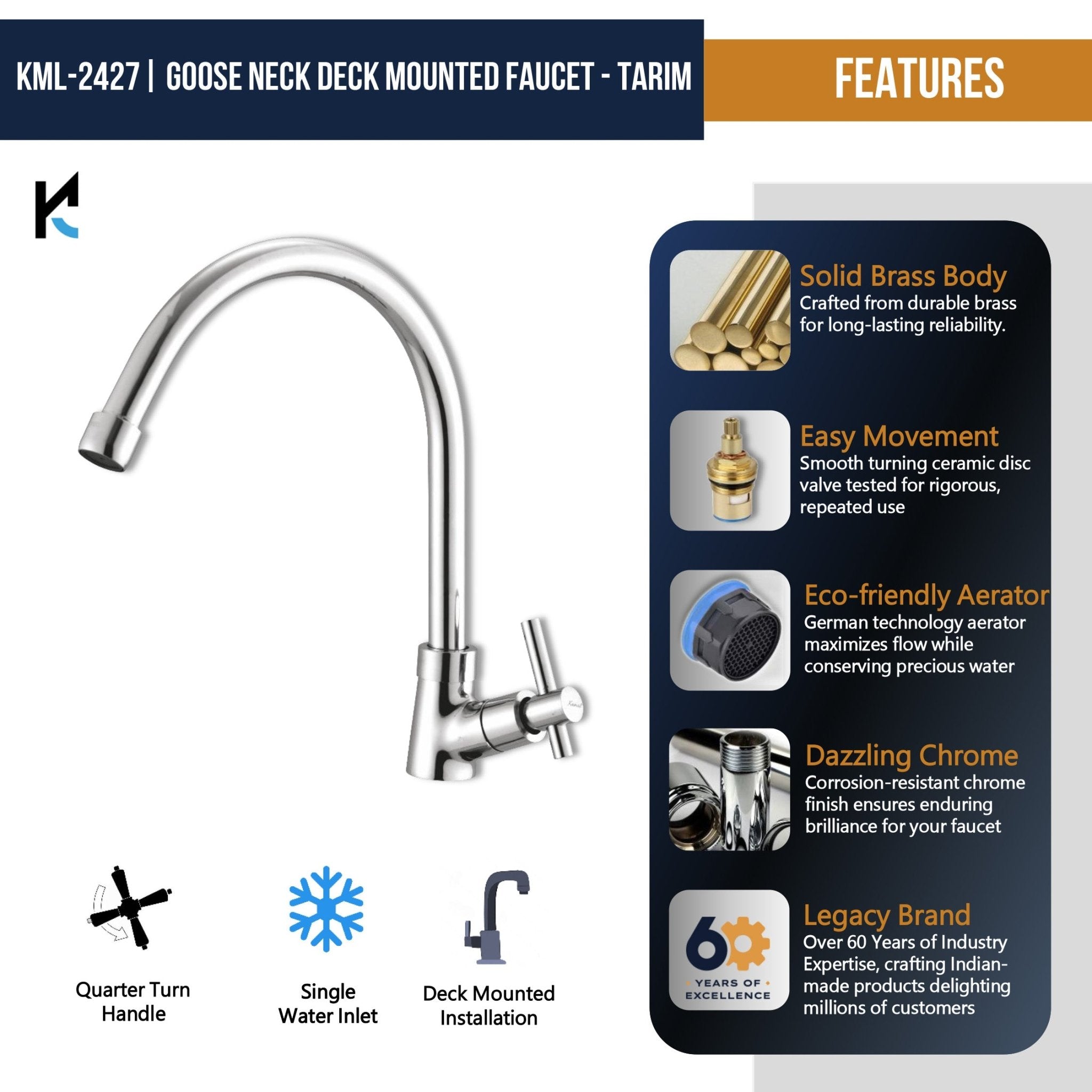 Tarim C - Bend Spout Gosseneck Sink Faucet (Full Brass) - by Kamal - Tarim - Kamal Bathware