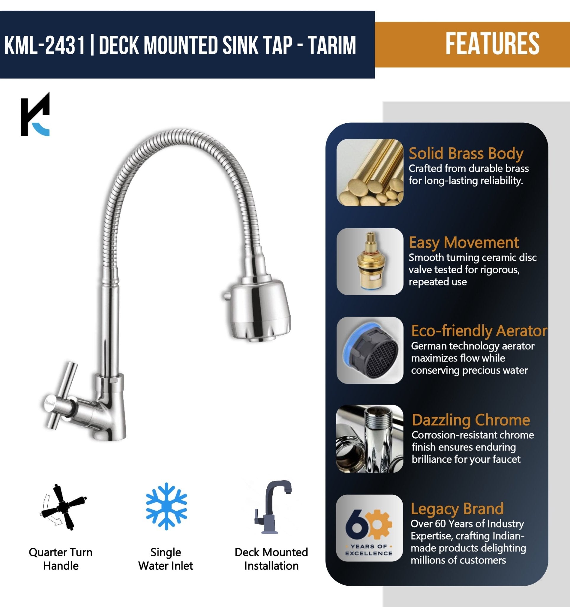 Tarim Dual Flow Table Mounted Sink Tap - by Kamal - Tarim - Kamal Bathware