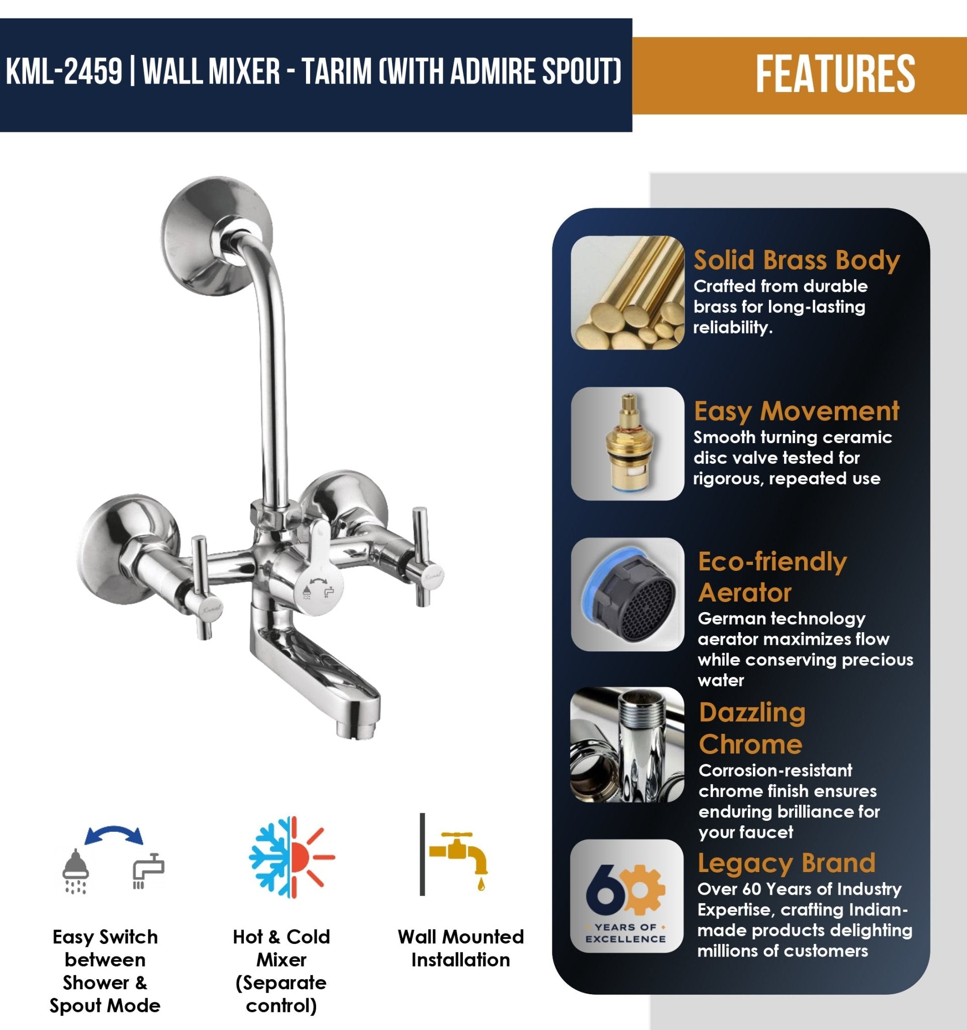 Tarim Wall Mixer with L Bend Pipe Admire Spout (Full Brass) - by Kamal - Tarim - Kamal Bathware