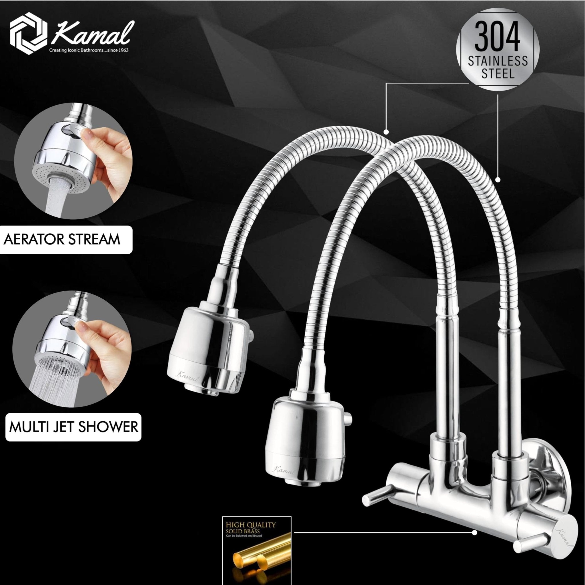Terra Two Way Sink Tap (Brass & SS Steel) - by Kamal - Terra - Kamal Bathware