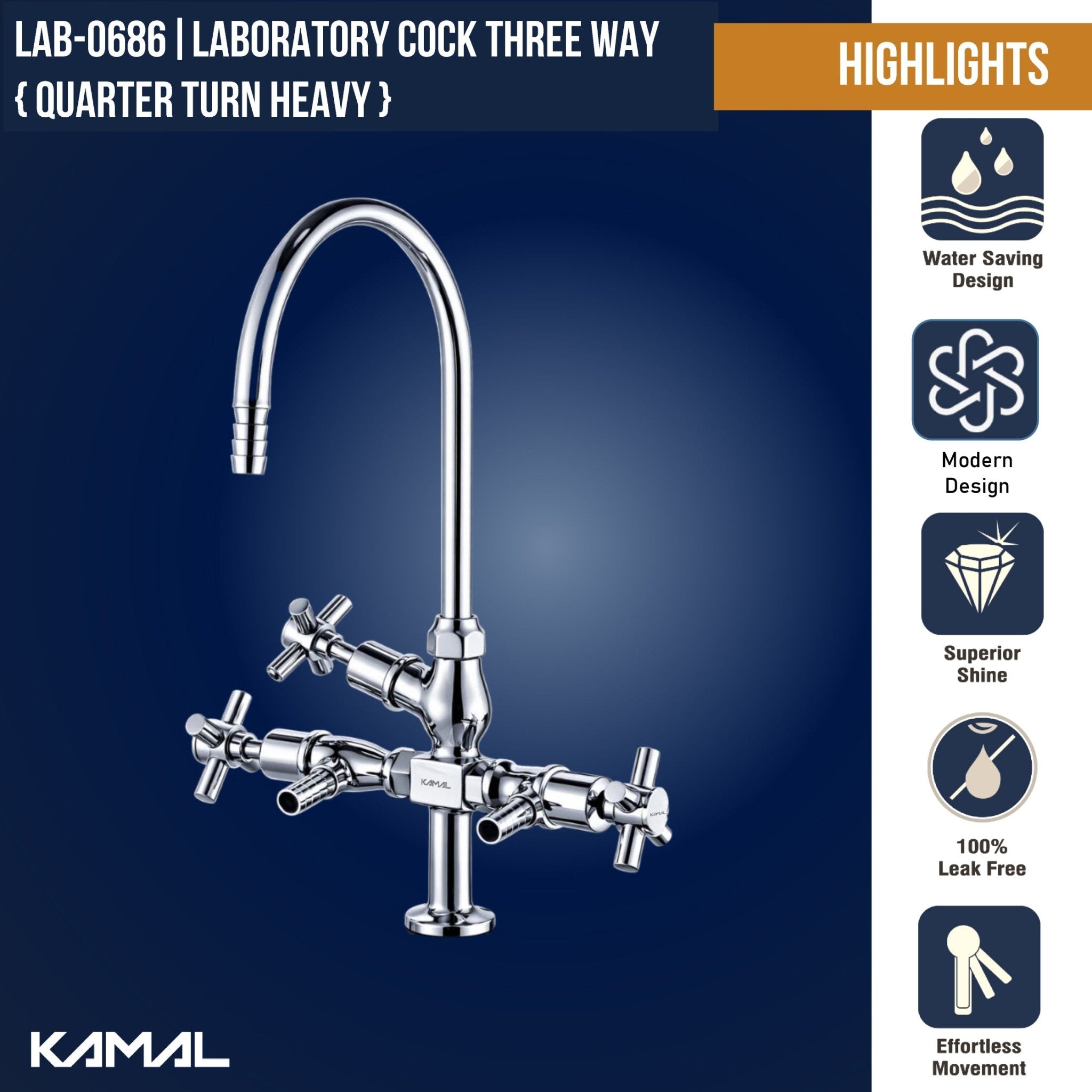 Three Way Laboratory Tap (Full Brass) - by Kamal - Faucets - Kamal Bathware
